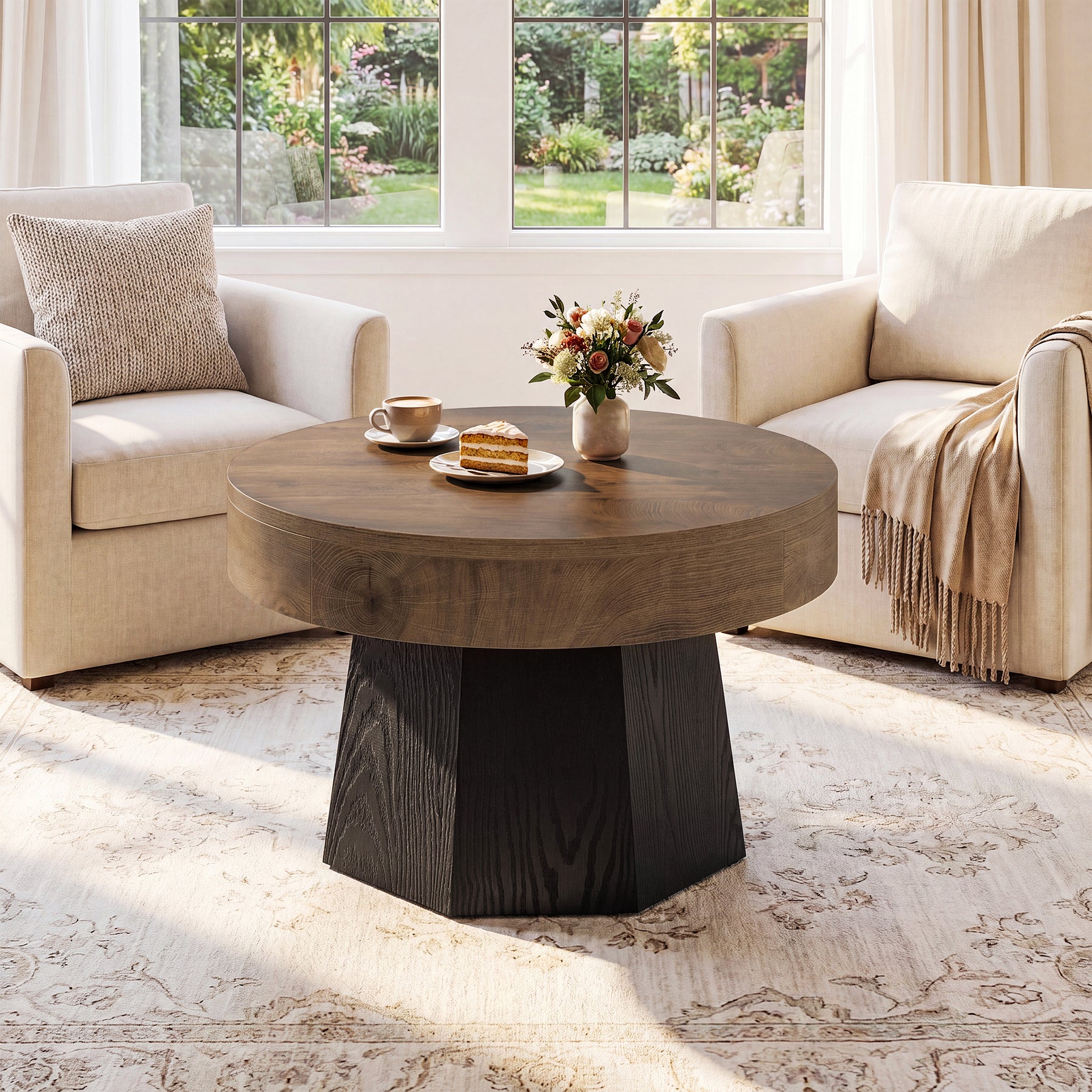 31.5-Inch Round Coffee Table with Octagonal Base, Modern Centre Table for Living Room