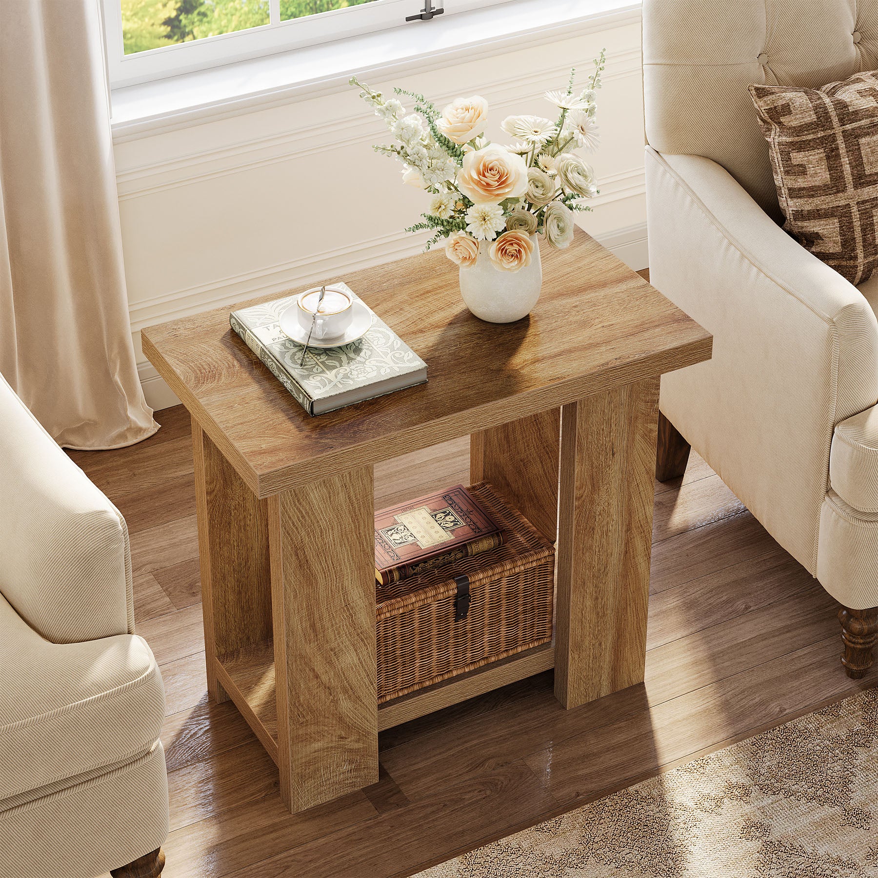 Tribesigns 27.6-Inch Wooden Side Table with 2-Tier Shelf, Farmhouse End Table for Small Spaces