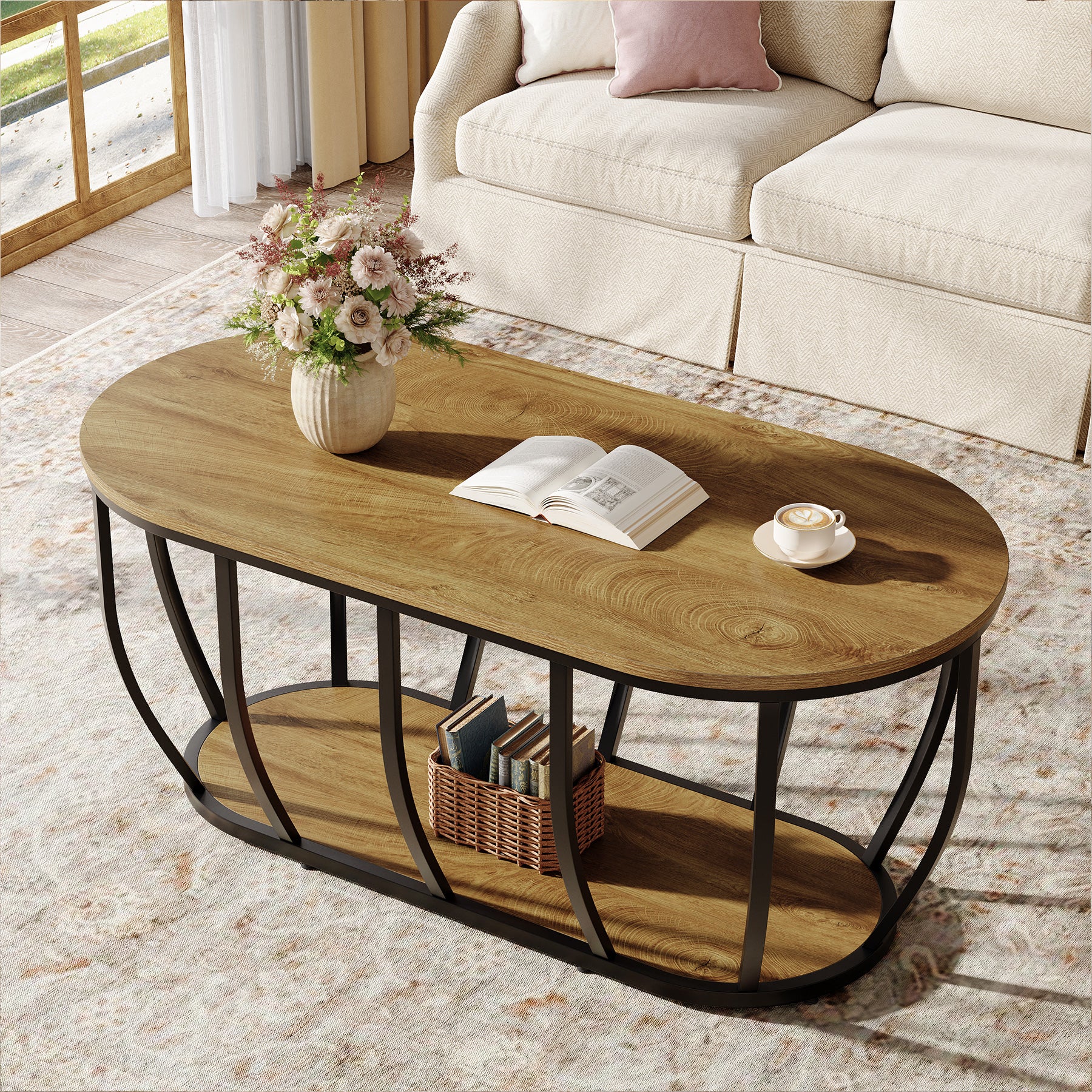 Tribesigns 47.2-Inch Oval Industrial Coffee Table, 2-Tier Wooden Center Table with Curved Metal Base