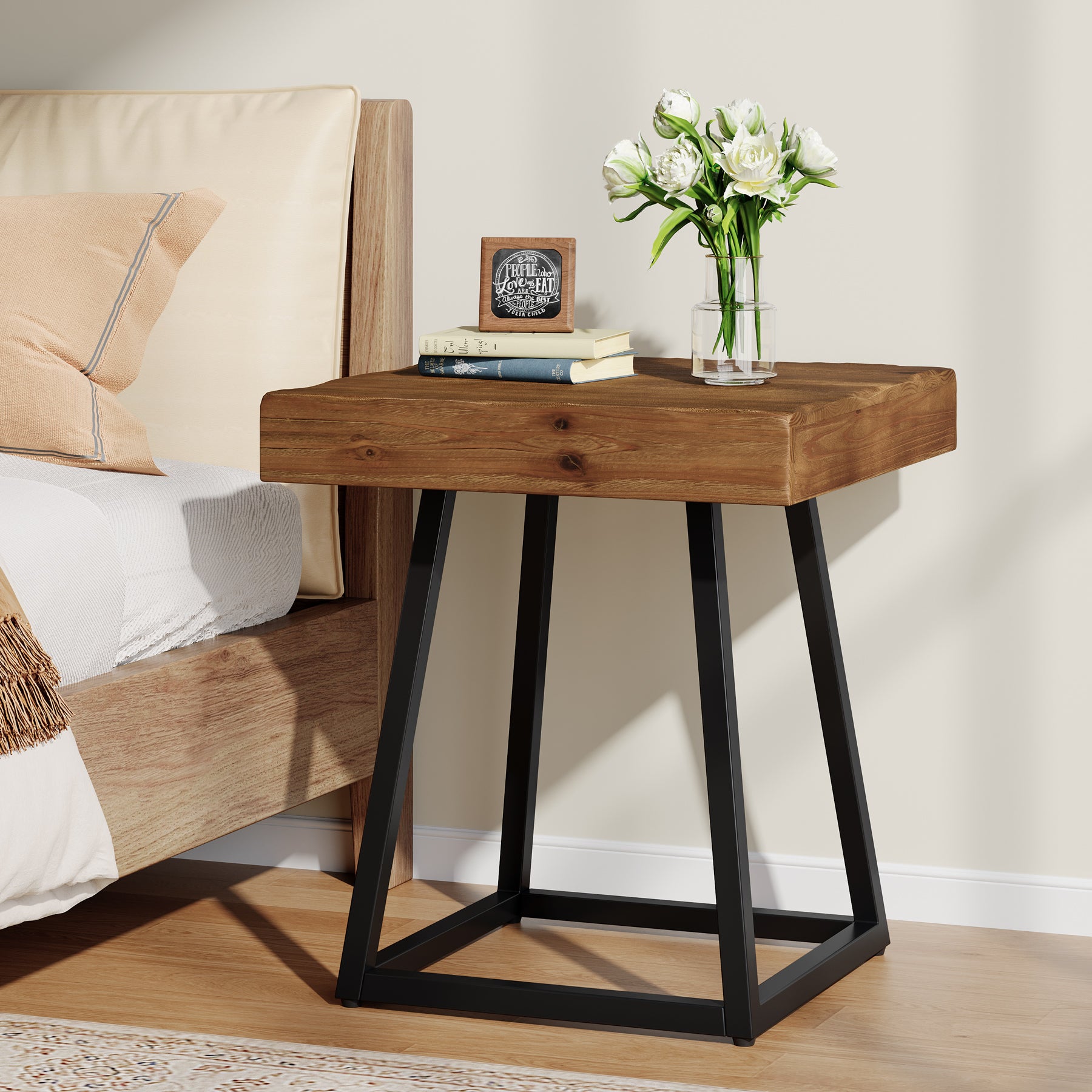 19.7 Inch Solid Wood Nightstand with Metal Frame, Industrial Square Bedside Table