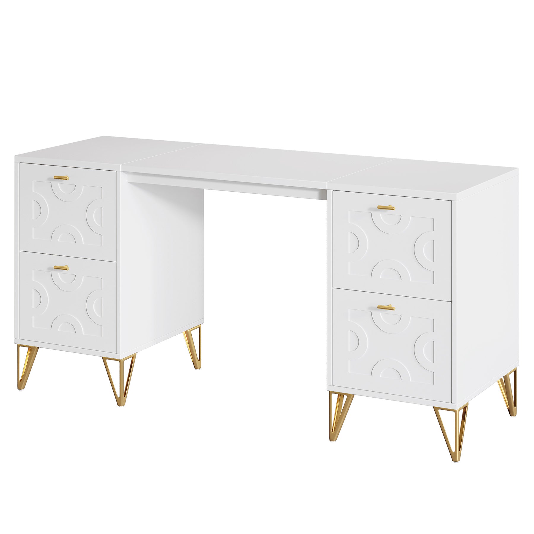 59-Inch Office Desk with Drawers, Modern White Computer Desk with Gold Legs for Home Workspace