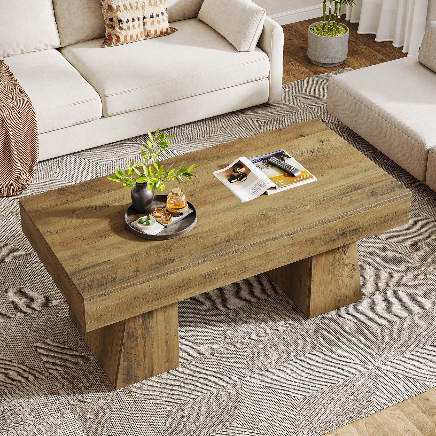 47-Inch Farmhouse Rectangular Coffee Table, Wooden Center Table with Thick Sculptural Base