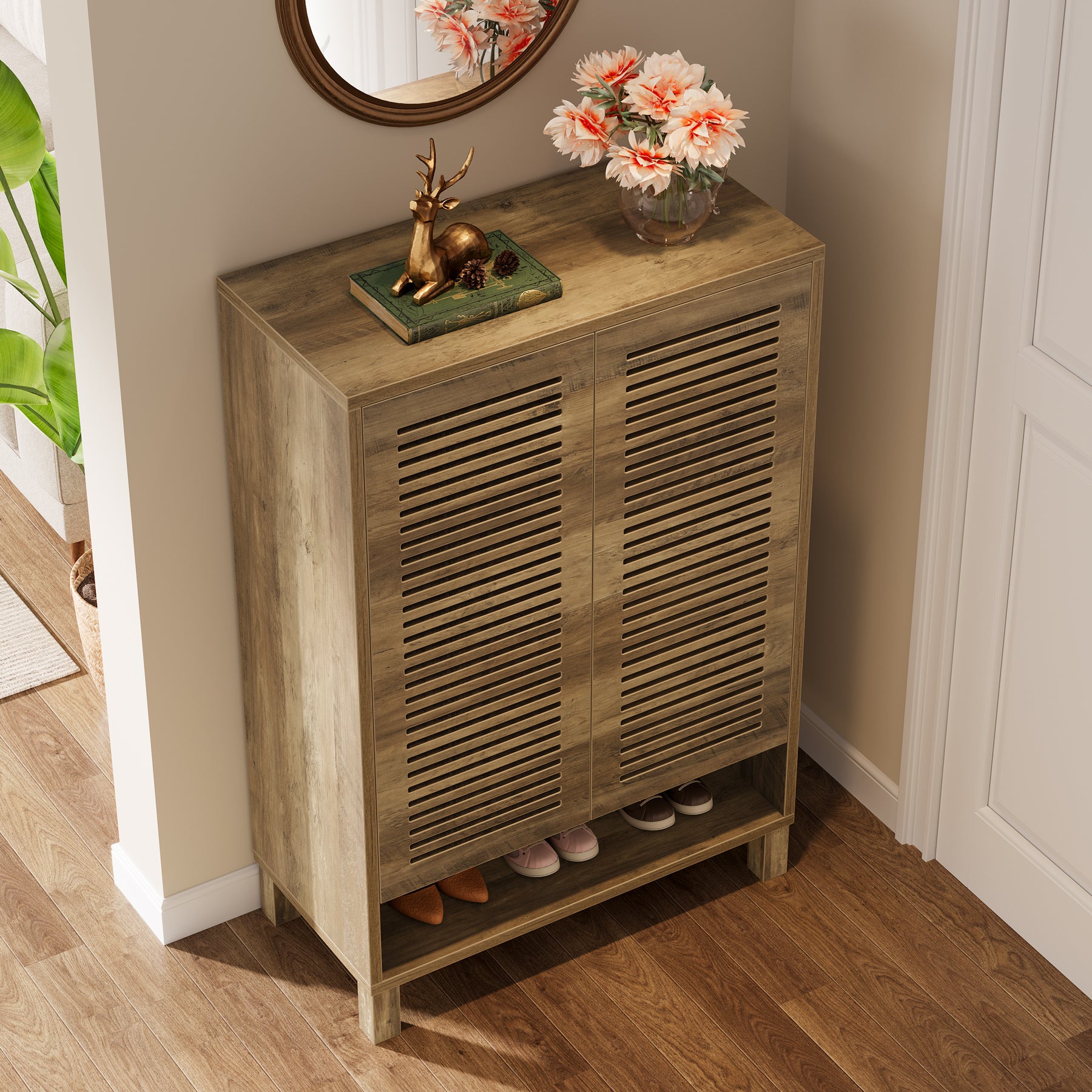 Free-Standing Shoe Cabinet, Narrow Farmhouse Wooden Organizer with 6 Shelves