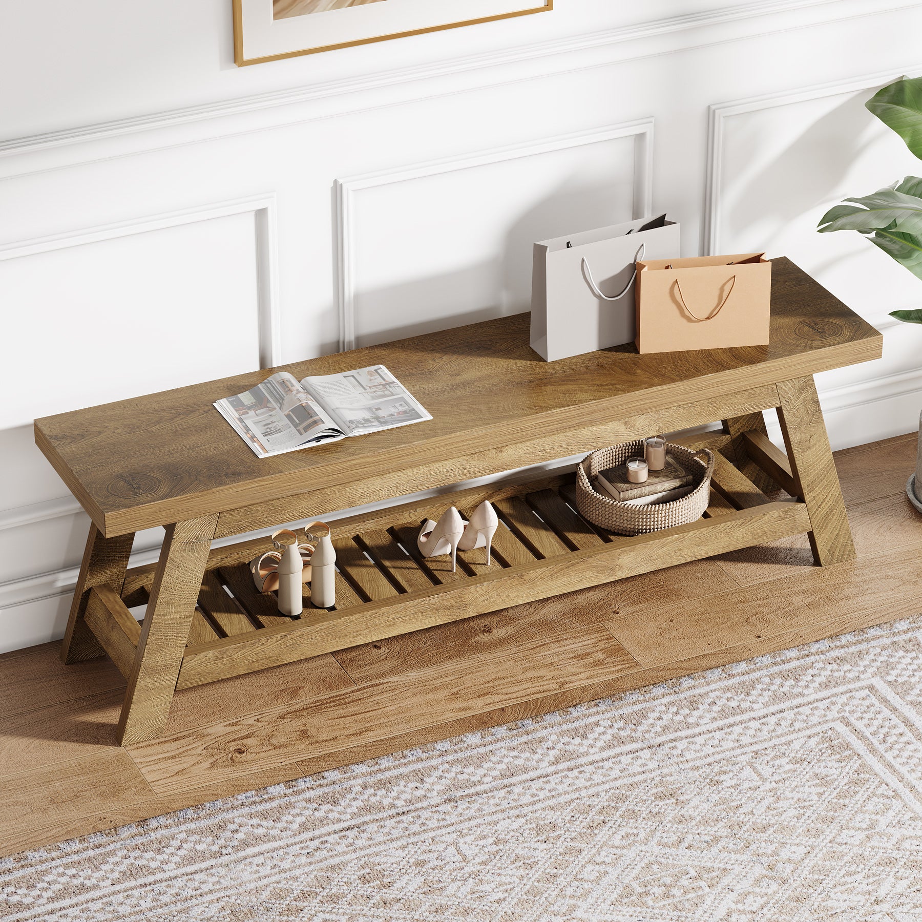 55-Inch Wood Entryway Bench with Shoe Storage, Two-Tier Narrow Hallway Seating Bench for Foyer and Bedroom