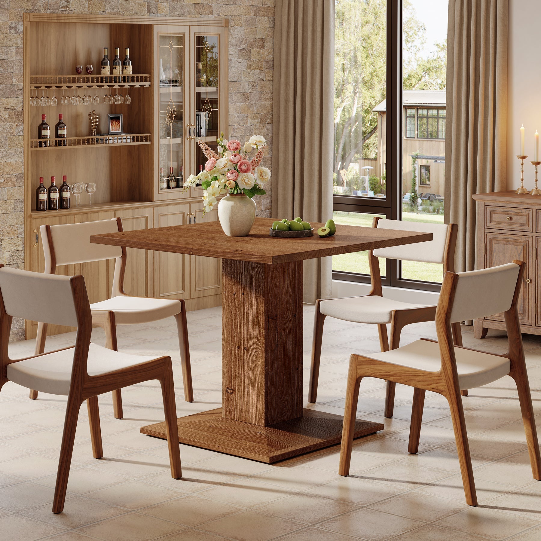 31.5" Square Solid Wood Dining Table for 4, Rustic Pedestal Base Walnut