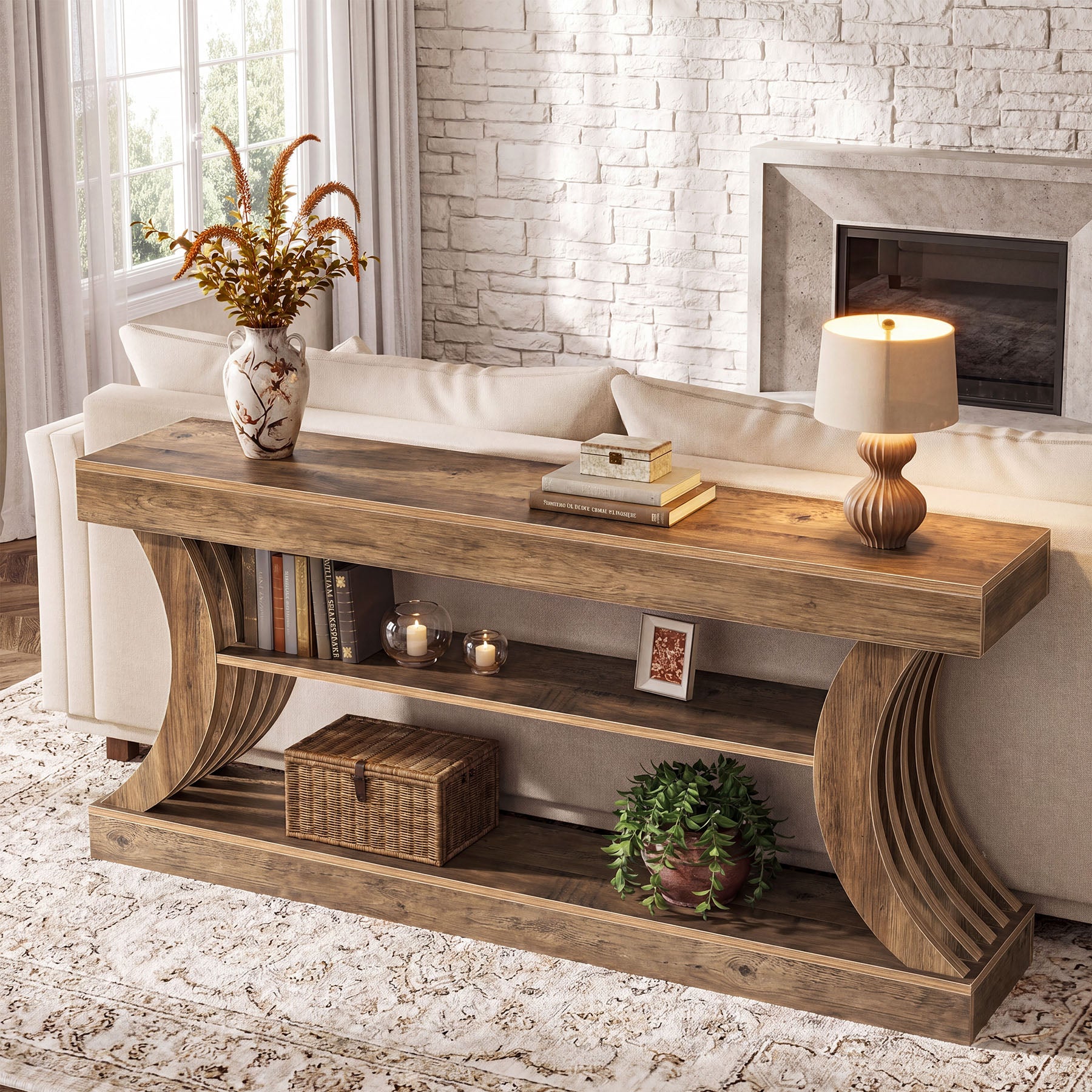 70.9-Inch 3-Tier Console Table with Curved Base, Farmhouse Hallway Table with Storage