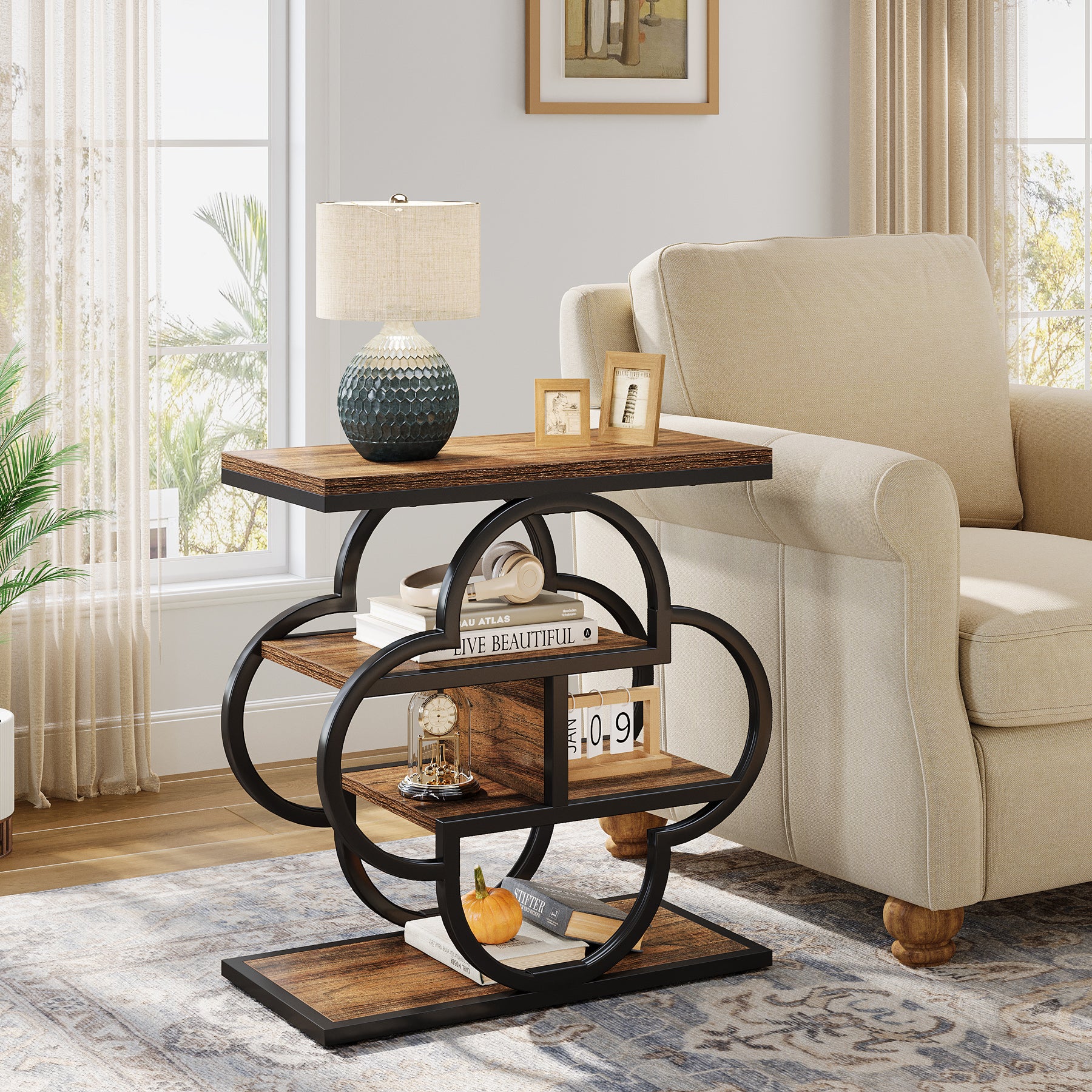 23.62 Inch Narrow Side Table with Storage, 4 Tier Wooden End Table with Metal Frame