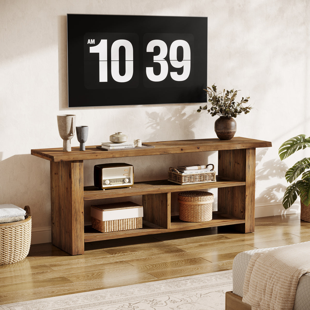 Tribesigns 63 Inch Solid Wood TV Stand with Open Storage, Farmhouse Media Console for Living Room