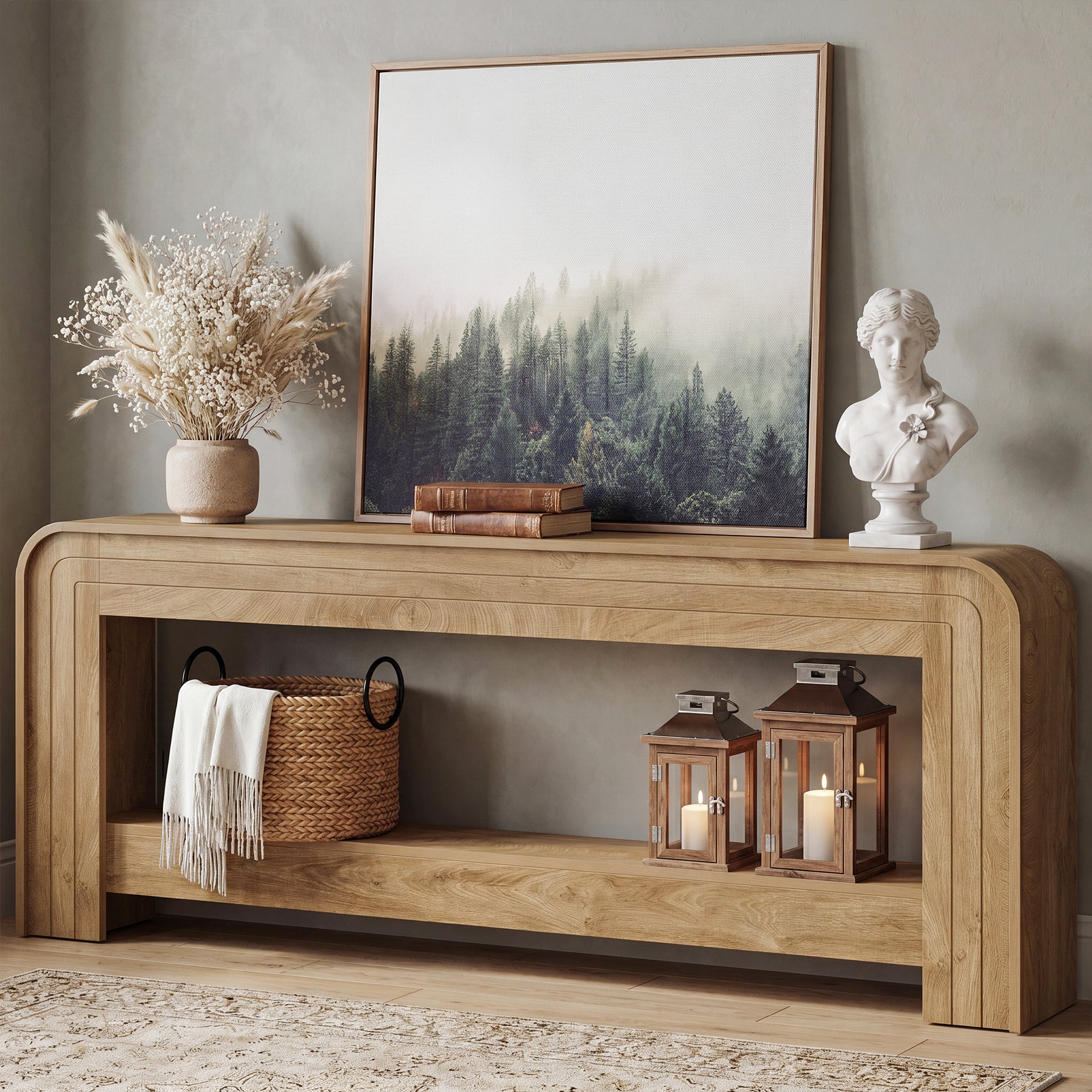78.74 Inch Farmhouse Console Table with Open Storage Shelf and Curved Edges, Slim Entryway Sofa Table for Hallway
