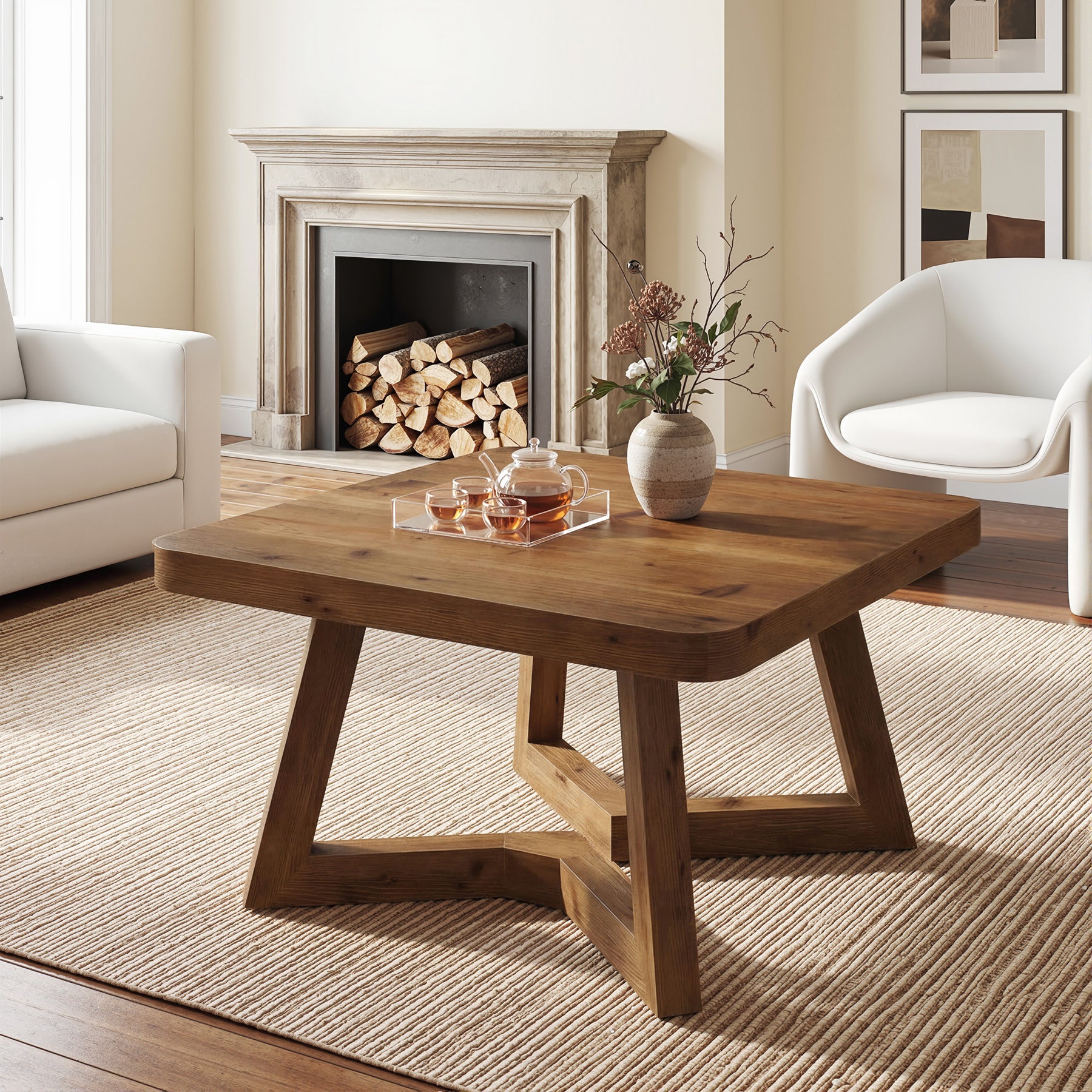 31.5 Inch Solid Wood Square Coffee Table, Farmhouse Center Table with Pedestal for Living Room