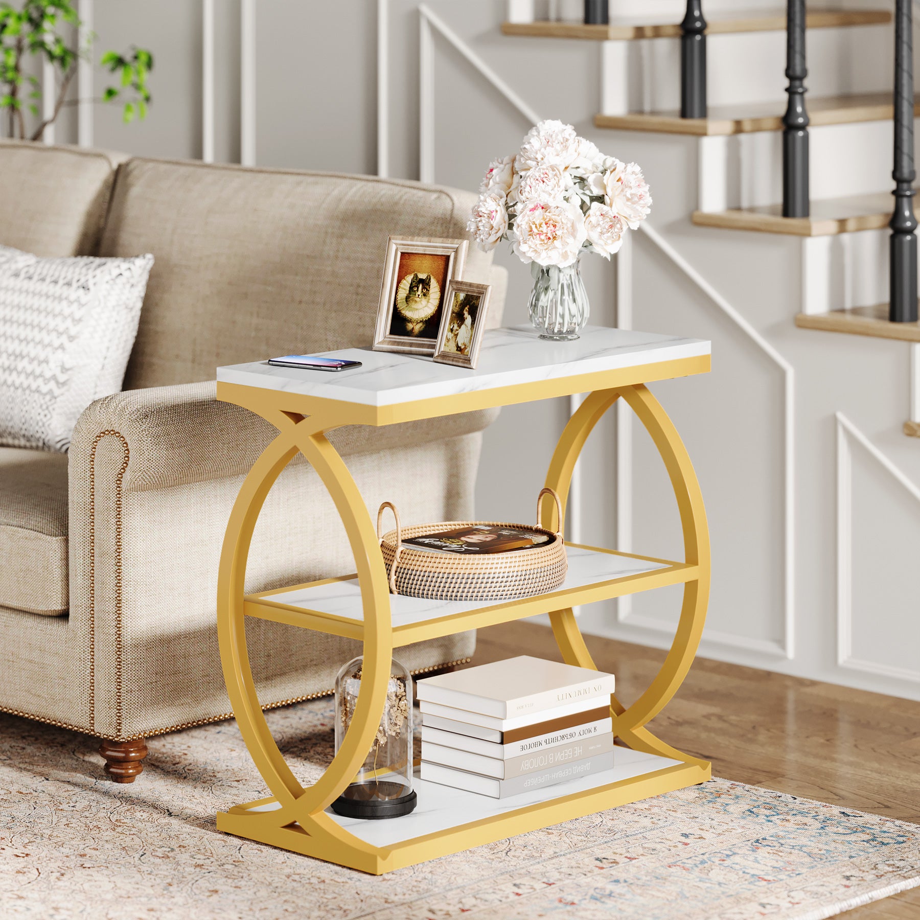 23.62" Rustic Brown Narrow End Table, 3-Tier Industrial Wood & Metal Side Table for Small Space