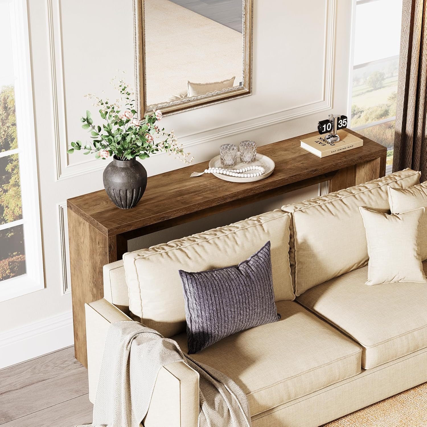 55" Farmhouse Console Table with Storage - Rustic Sofa Table for Hallway & Living Room