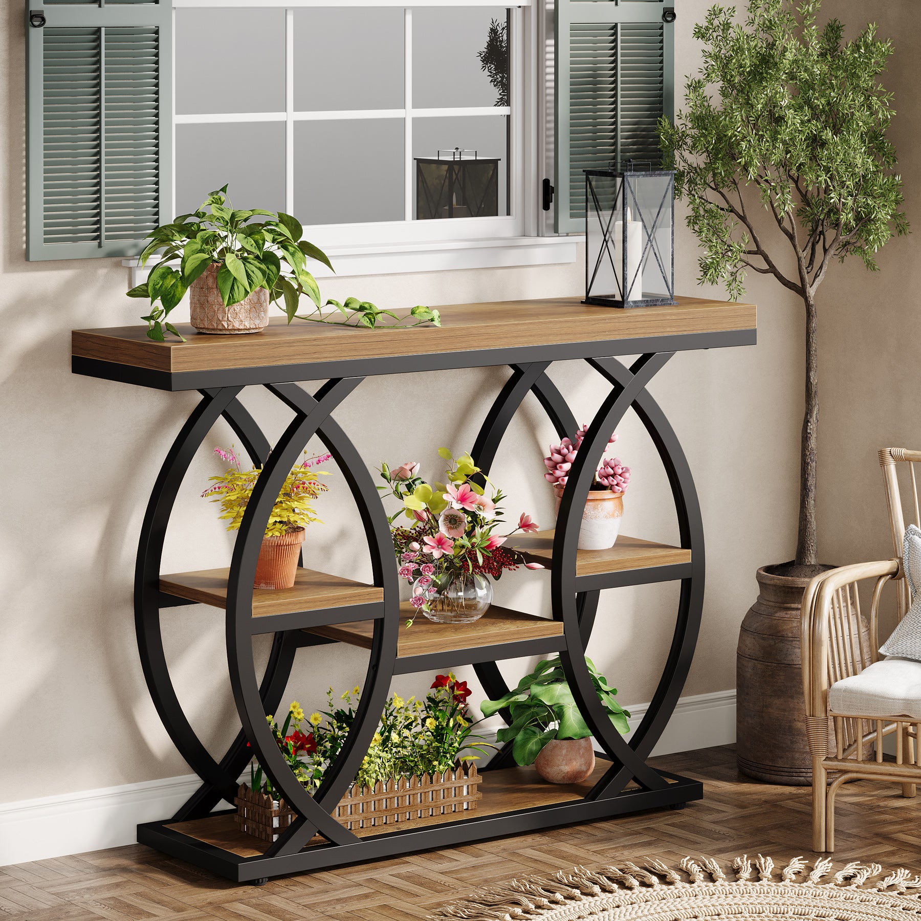 39.4" Industrial Console Table - 4-Tier Narrow Sofa Table with Metal Frame & Storage, Rustic Brown