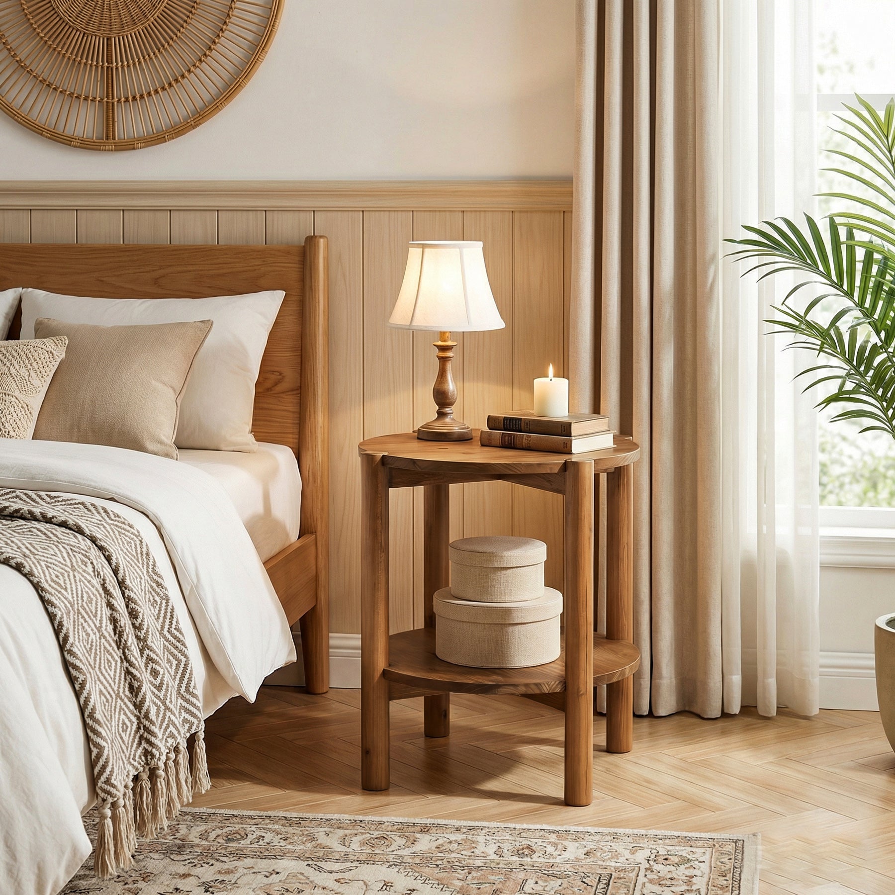 Tribesigns 19.68-Inch Solid Wood Round Side Table with Shelf, Farmhouse End Table for Bedroom
