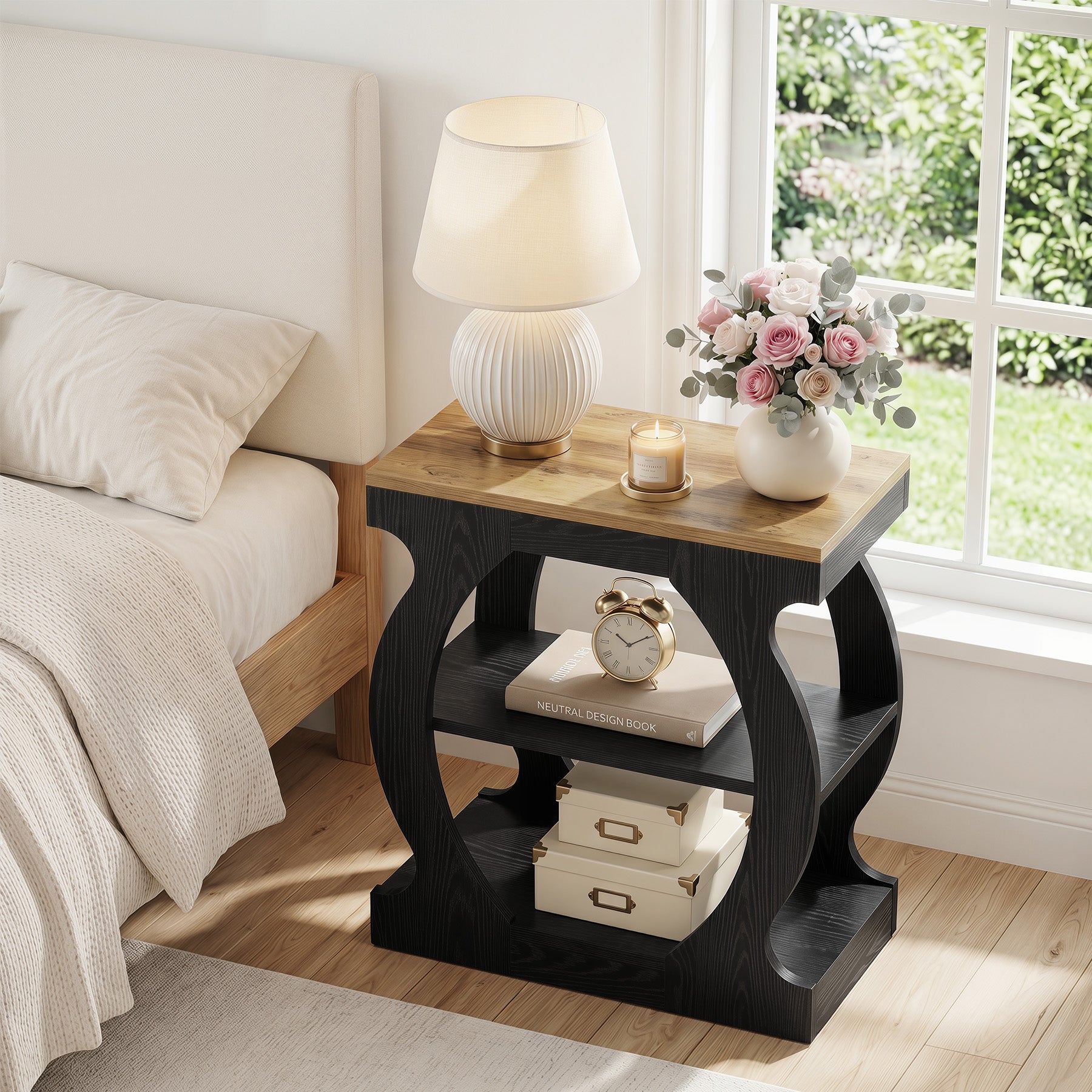 23.6 Inch Nightstand with 3-Tier Storage, Modern Narrow Bedside Table with Curved Frame for Bedroom