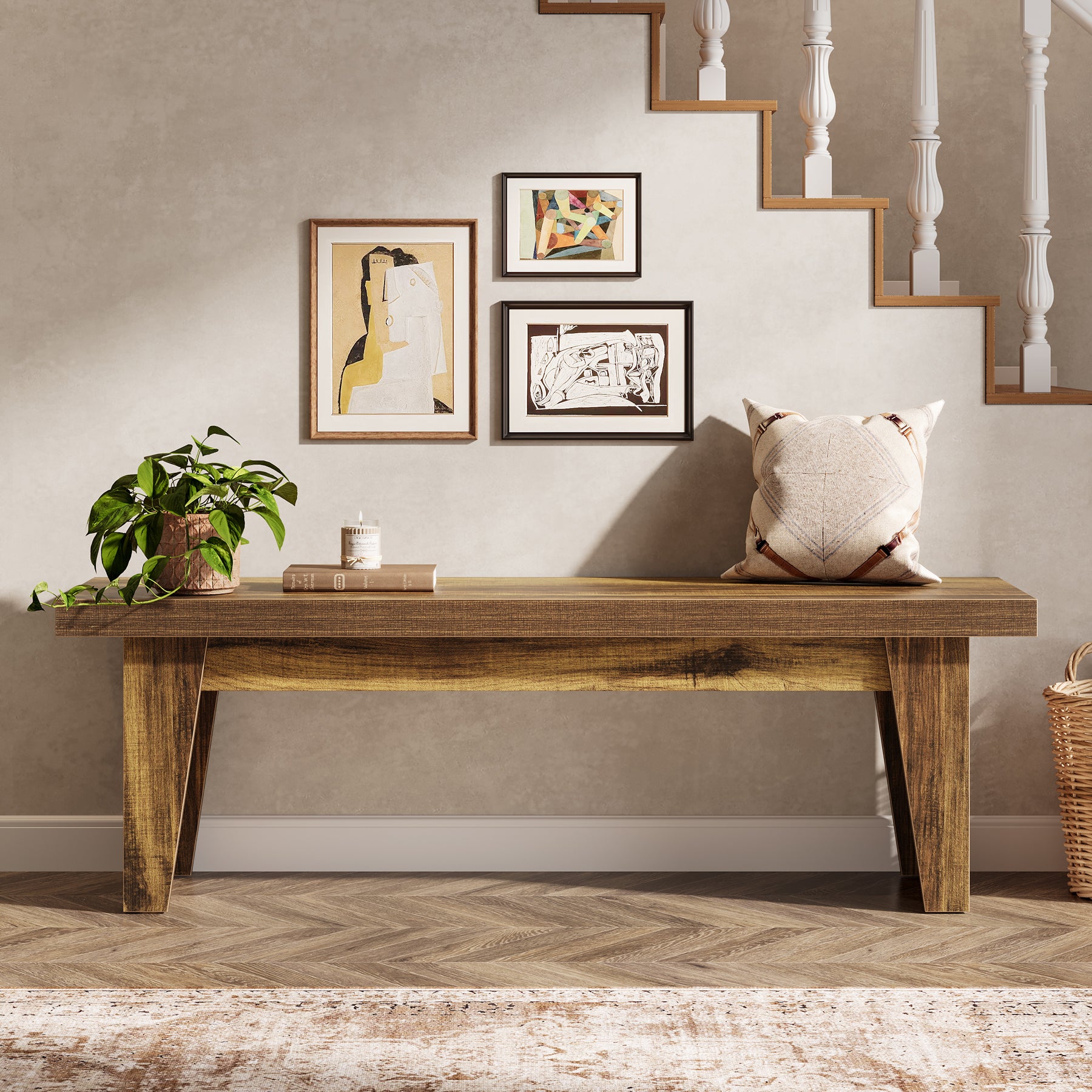 Tribesigns 55.12-Inch Wooden Entryway Bench, Farmhouse Long Bench with Storage Space