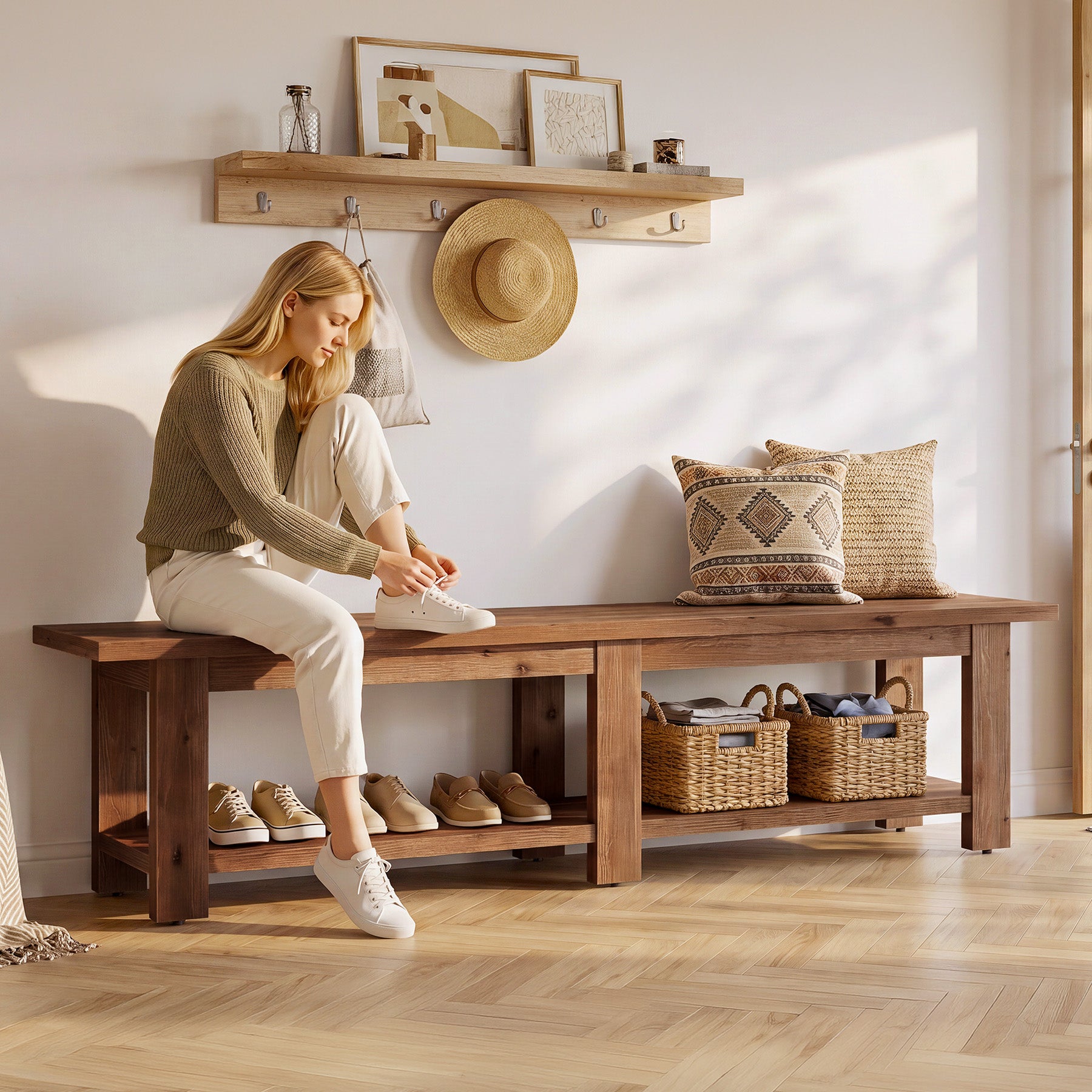Tribesigns 70.9-Inch Solid Wood Shoe Bench with Storage, Extra Long Farmhouse Bench for Entryway