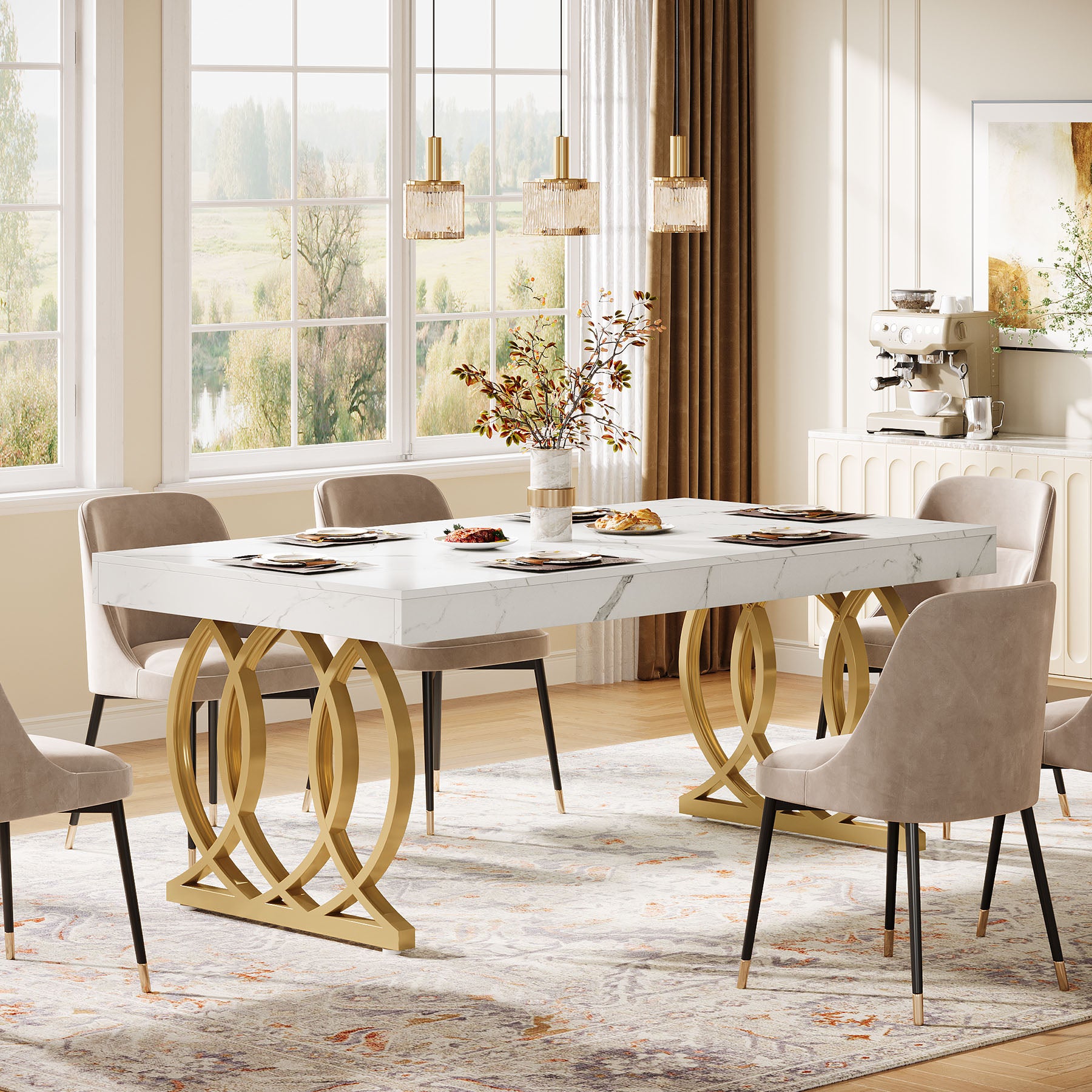 Tribesigns 63-Inch Modern Dining Table for 4-6 People, Faux Marble Kitchen Table with Gold Legs