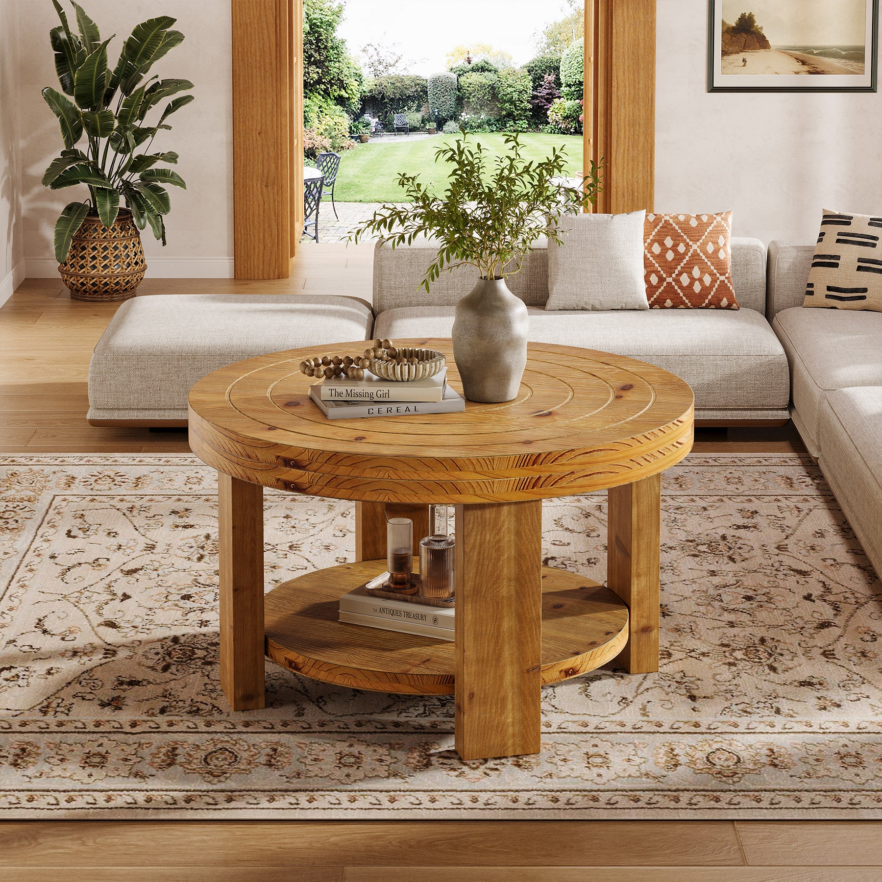 31.5-Inch Round Coffee Table, Farmhouse Solid Wood 2-Tier Storage Accent Table with Boho Design