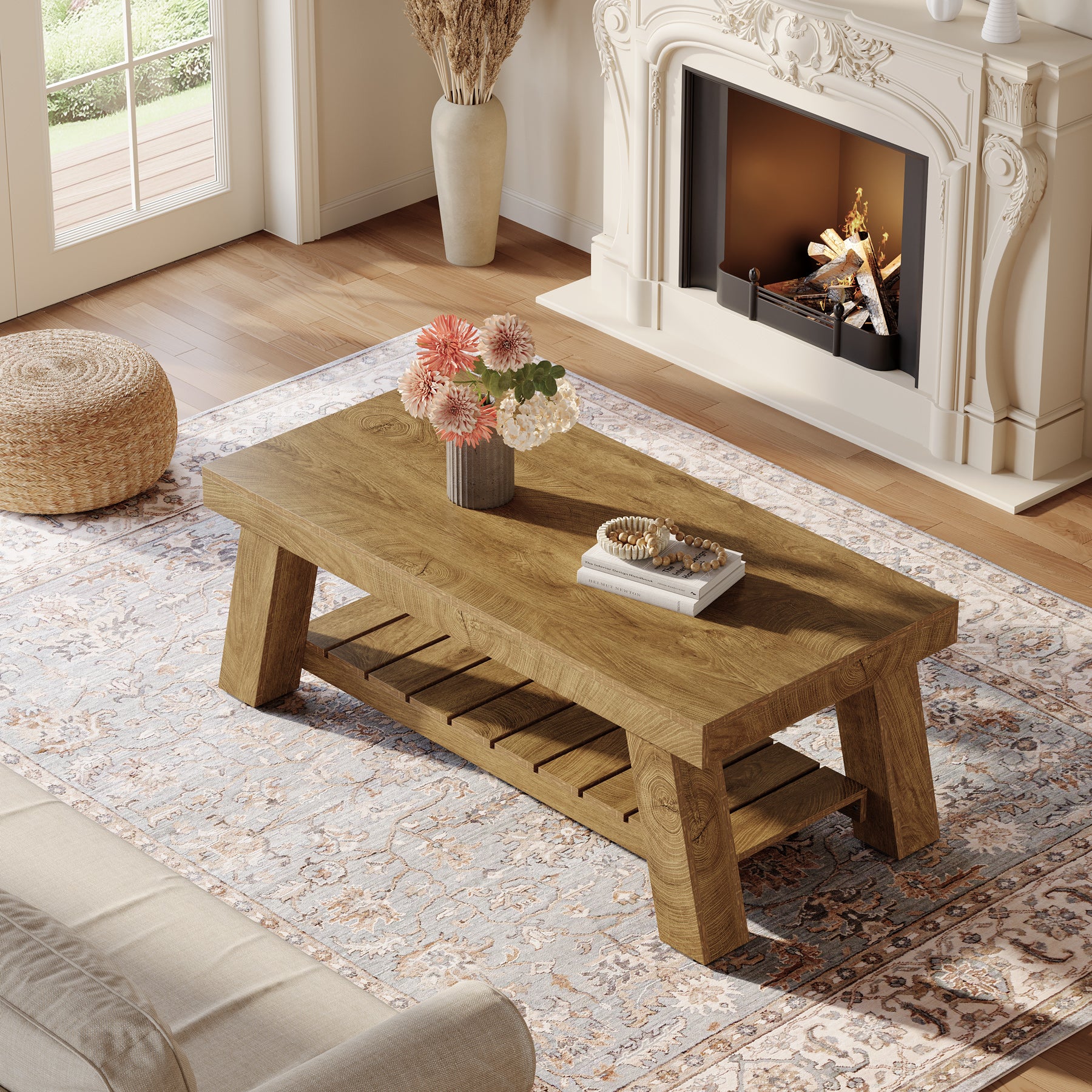 47.24-Inch Rectangular Coffee Table, Farmhouse Wood Center Table with 2-Tier Storage