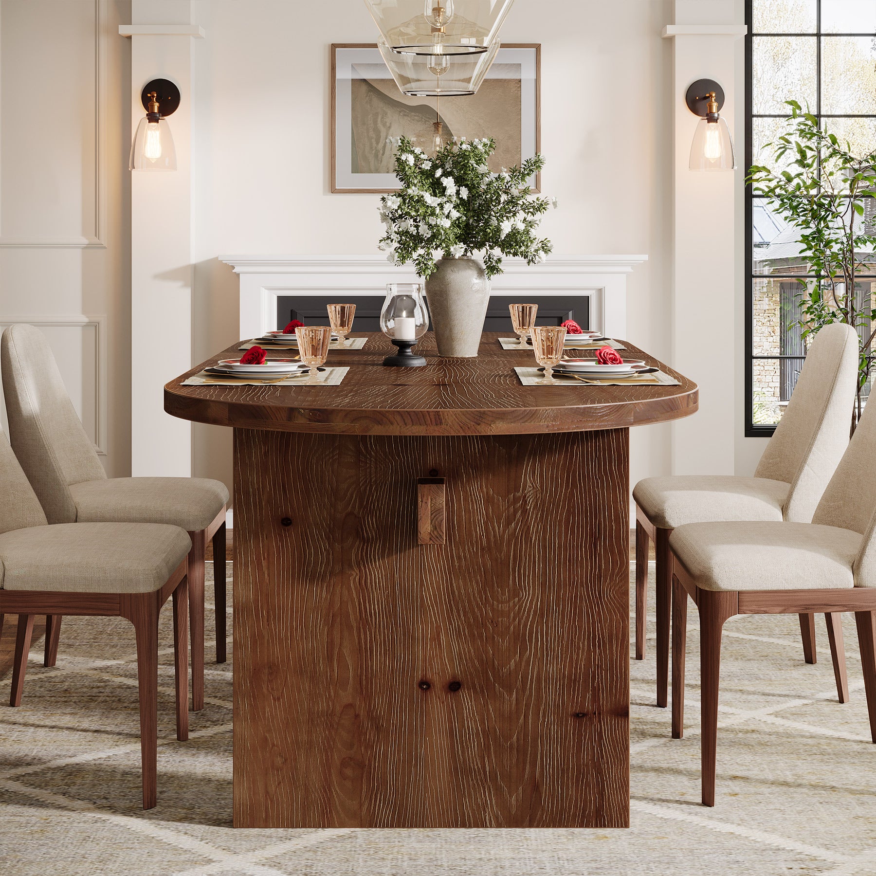 63-Inch Solid Wood Oval Dining Table for 4 to 6 People with Double Pedestal Base, Farmhouse Kitchen Table for Dining Room and Home Kitchen