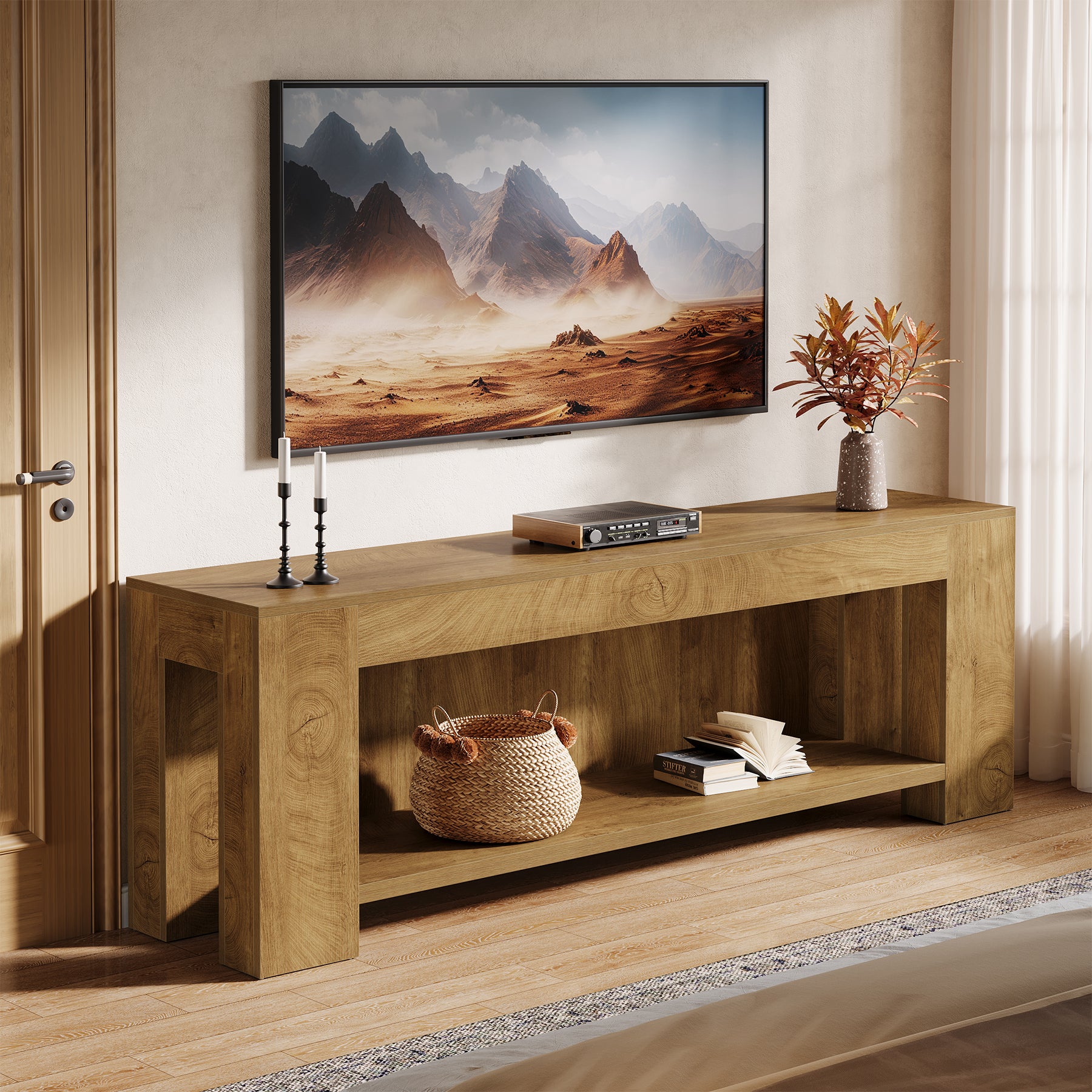 63-Inch TV Stand for 55 to 75-Inch TVs with Open Storage Shelves, Rustic Media Console Table for Living Room