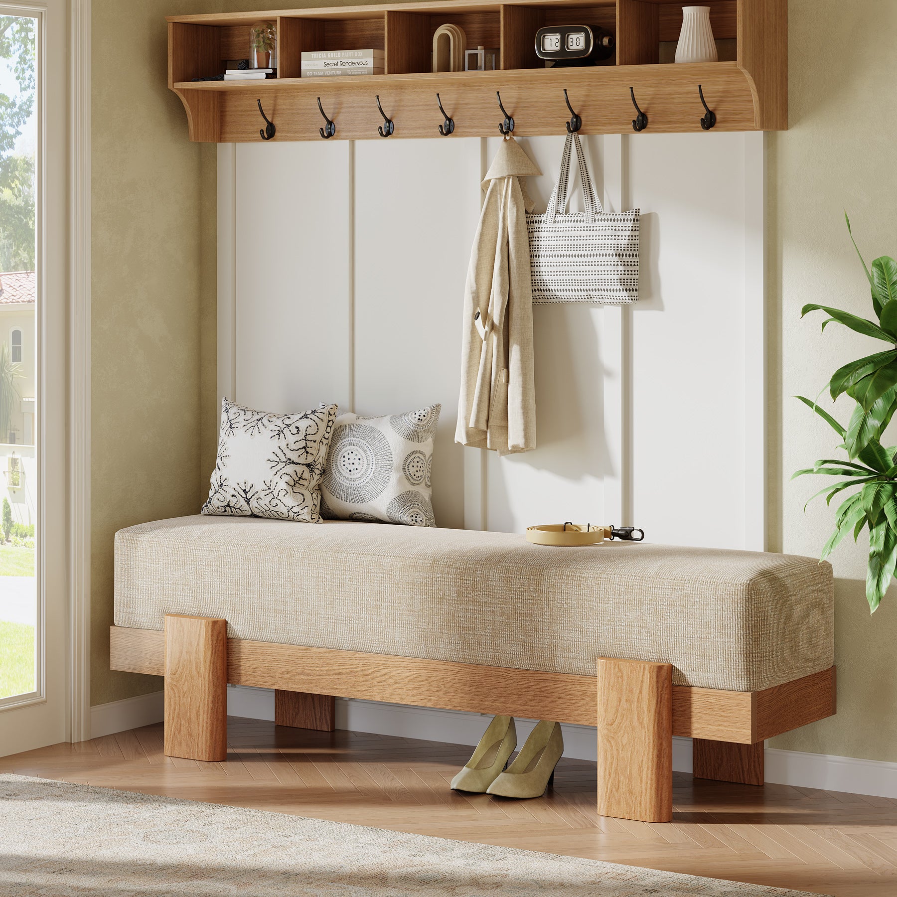 55-Inch Upholstered Entryway Bench, Modern Shoe Bench with Thick Cushion