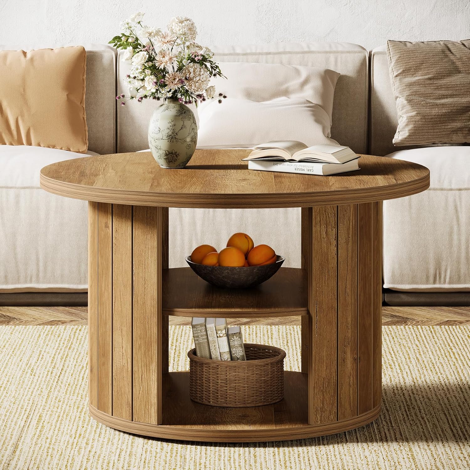 31.5" Round Rustic Storage Coffee Table - Small Circle Center Table with Shelf for Living Room