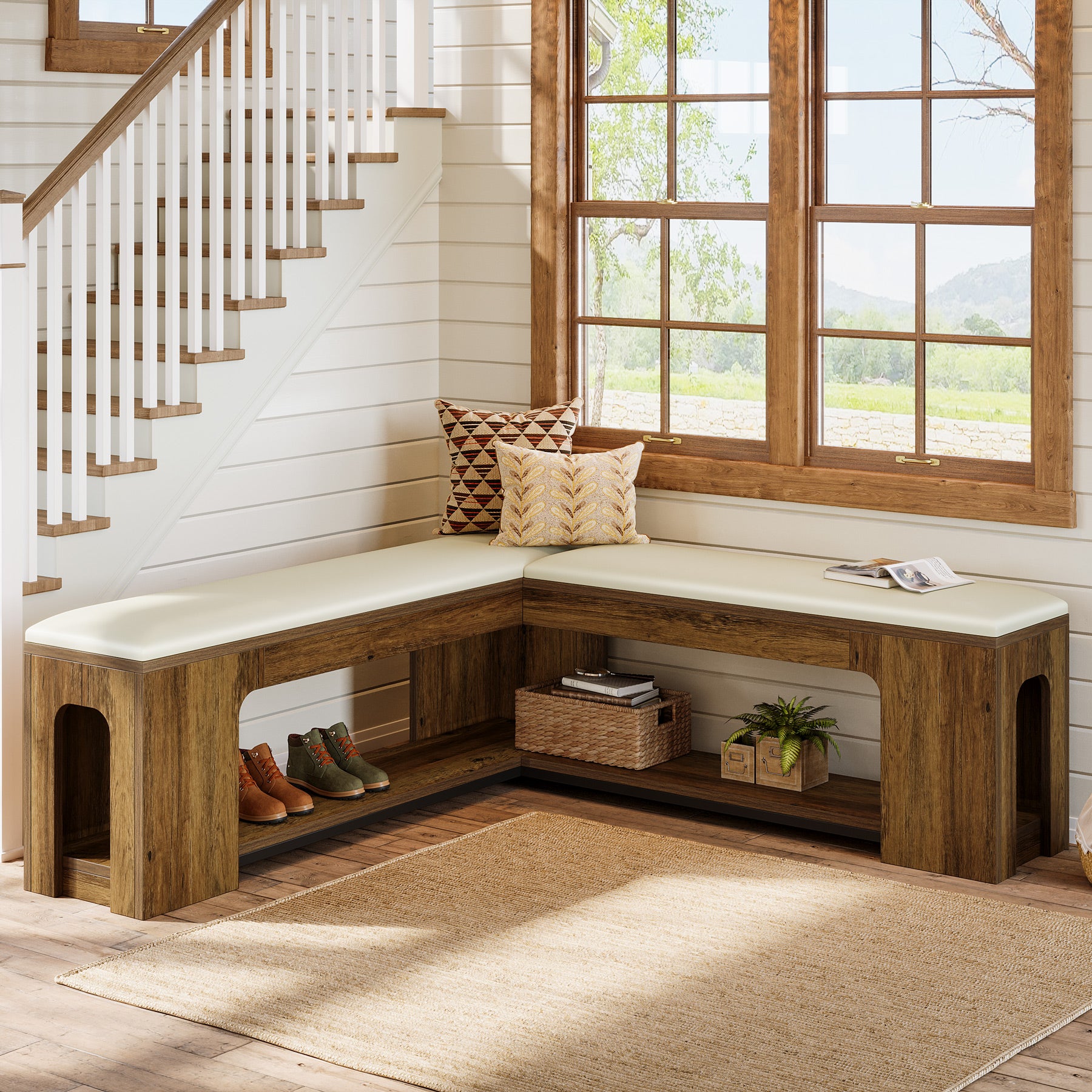 47.24-Inch L Shaped Corner Bench with Removable Seat Cushion and 2-Tier Storage, Farmhouse Breakfast Nook Bench