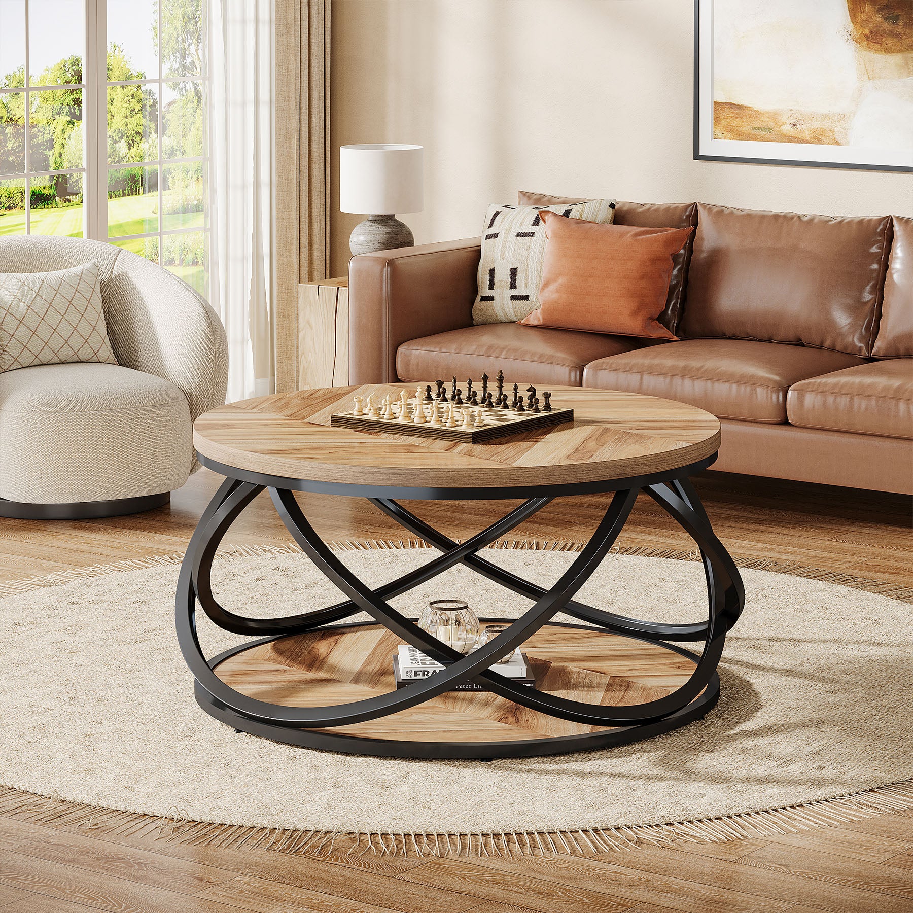 31.5" Two-Tier Round Coffee Table, Modern Circle Center Table with Wood Grain and Cross Metal Base