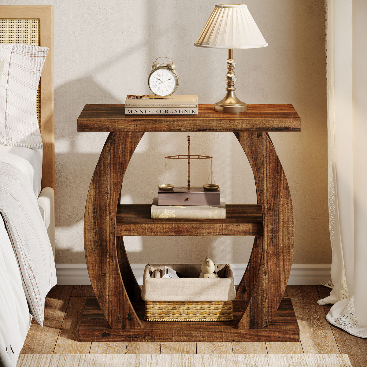 Farmhouse Geometric Side Table, Three-Tier Narrow Storage for Small Spaces