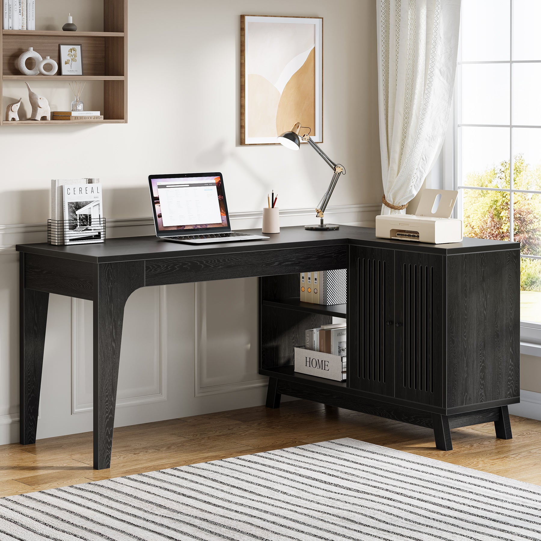 57-Inch L-Shaped Corner Desk with Storage Cabinet, Wood Home Office Workstation and Study Writing Table