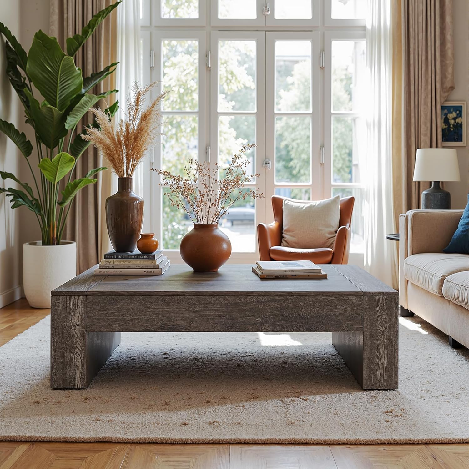51" Farmhouse Rectangular Coffee Table - Rustic Taupe Cocktail Table with Sturdy Base
