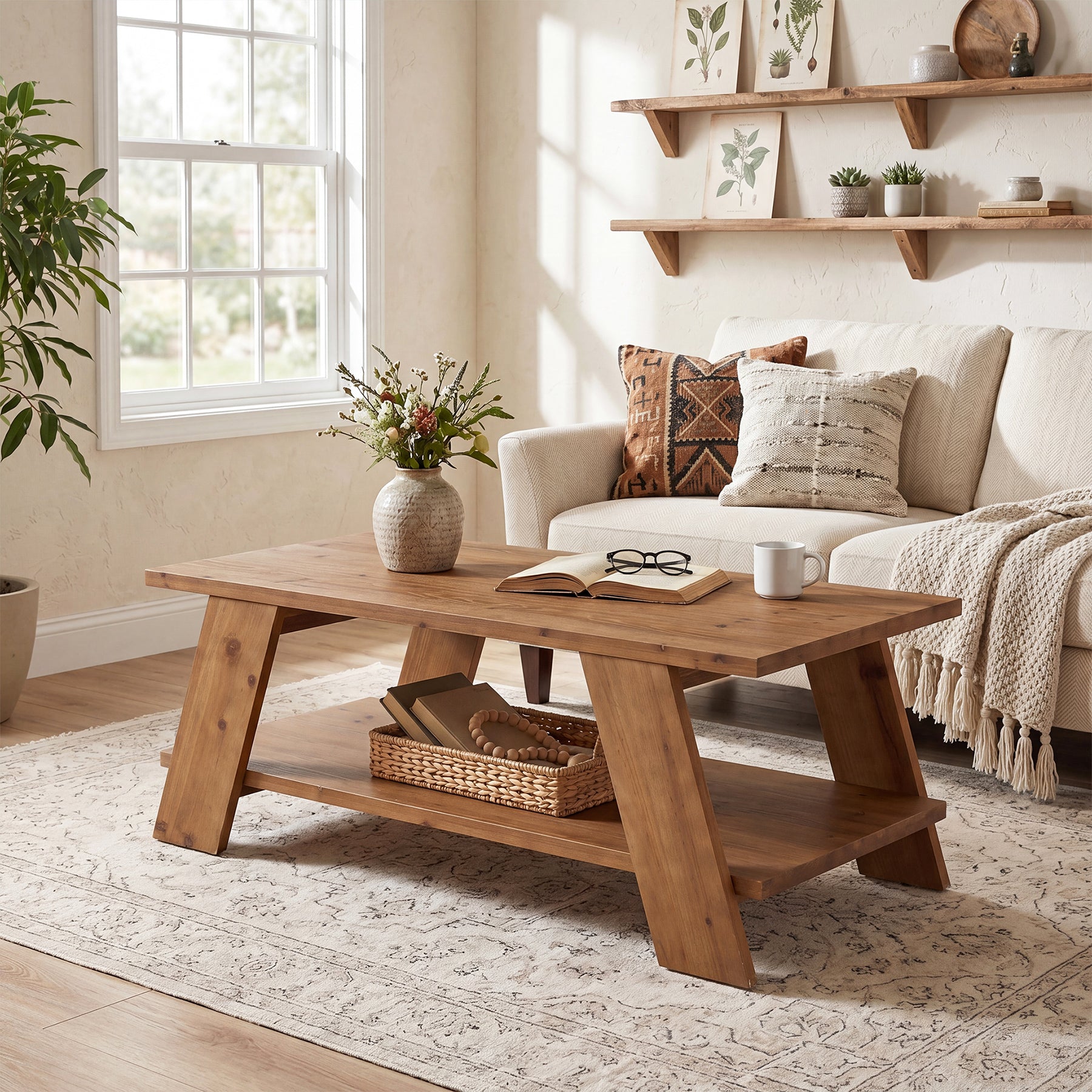 47-Inch Solid Wood Coffee Table with 2-Tier Storage, Farmhouse Rectangle Centre Table for Living Room