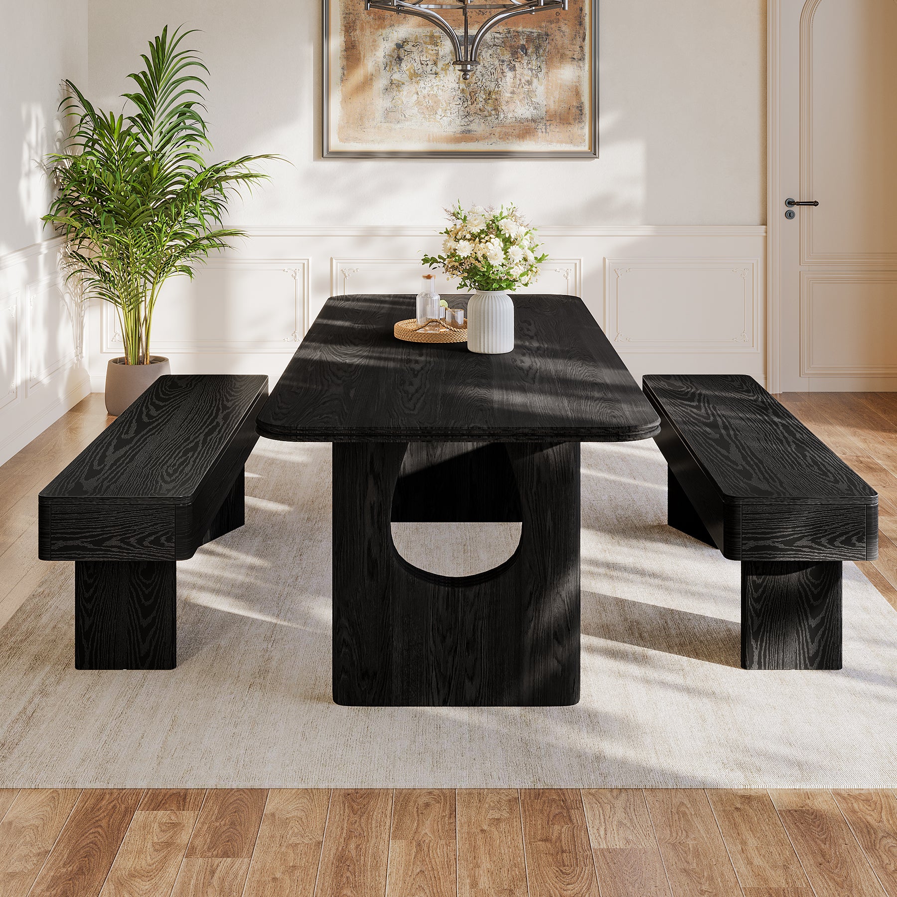 47.24-Inch Black Kitchen Table Bench with Rounded Edges, Modern Dining Bench for Dining Room