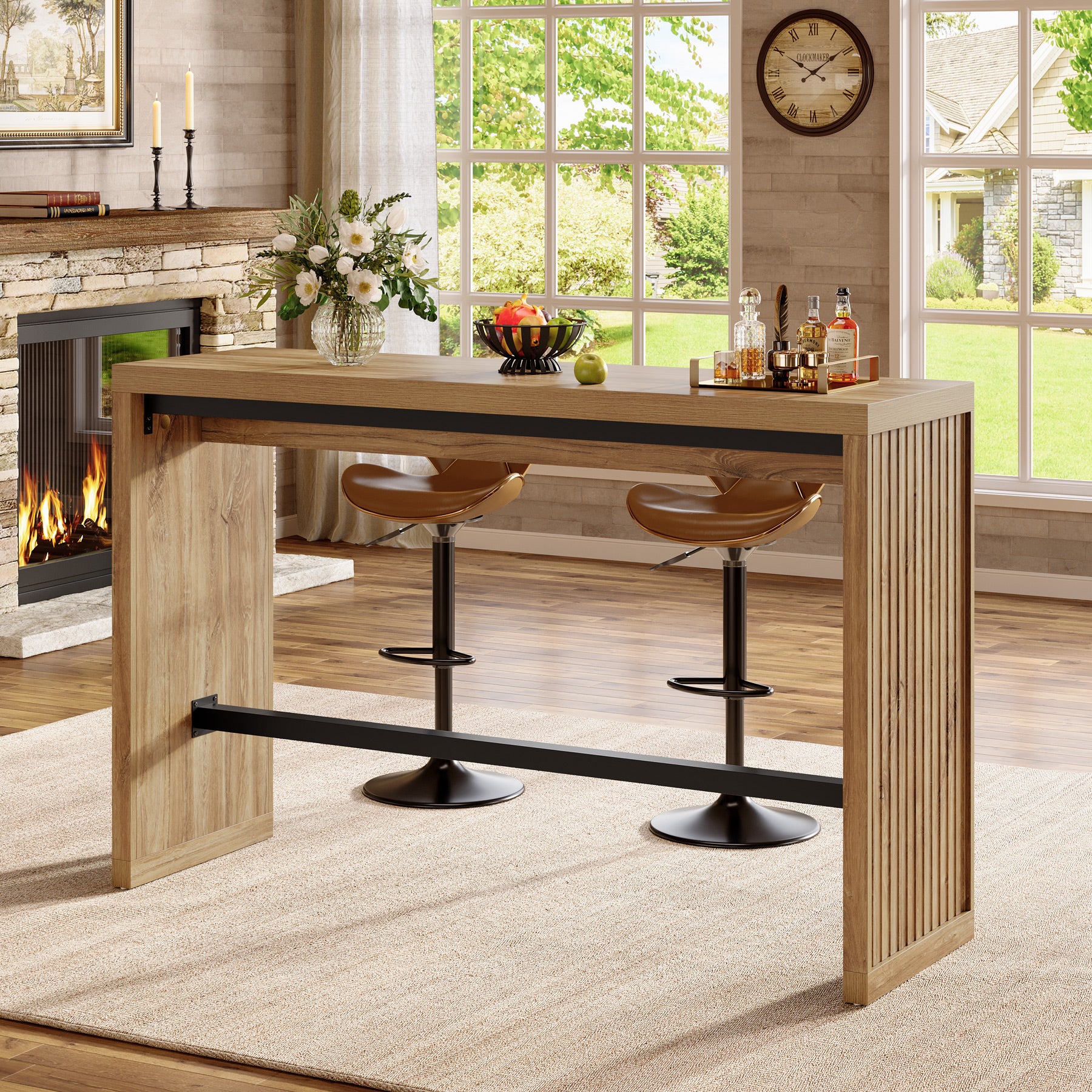 Tribesigns 55-Inch Counter Height Bar Table with Metal Footrest and Fluted Design, Rectangular High Top Pub Table for Home Bar Kitchen and Bistro
