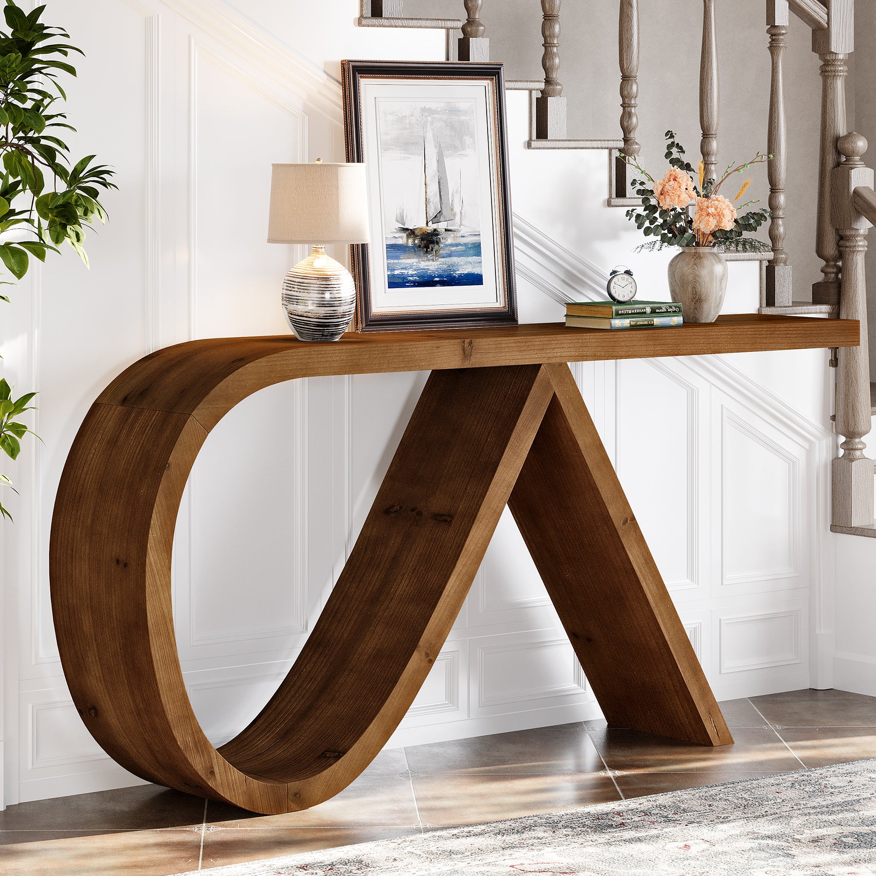 Tribesigns 57-Inch Curved Console Table, Solid Wood Sofa Table for Hallway