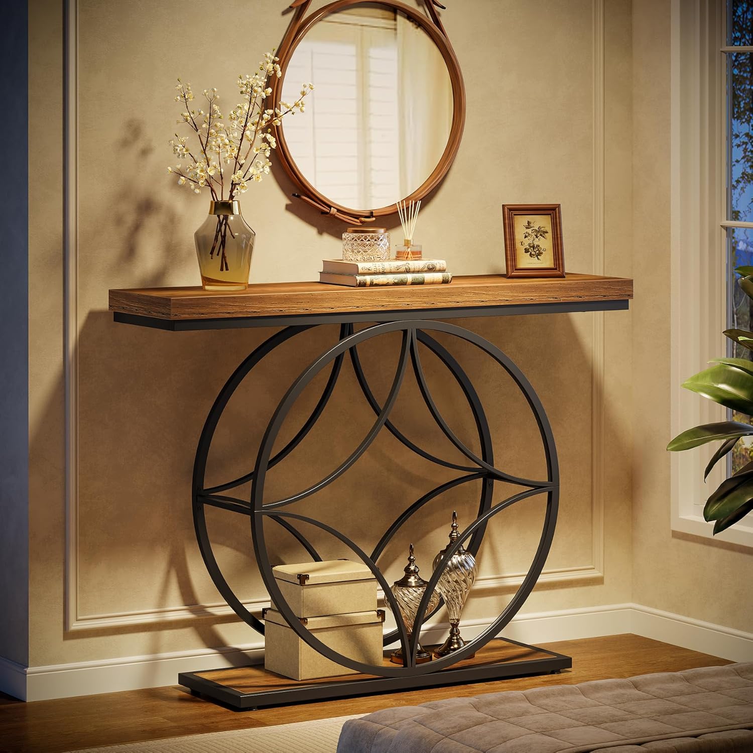 47" Industrial Console Table - 2-Tier Sofa Table with Geometric Metal Frame & Storage, Rustic Brown