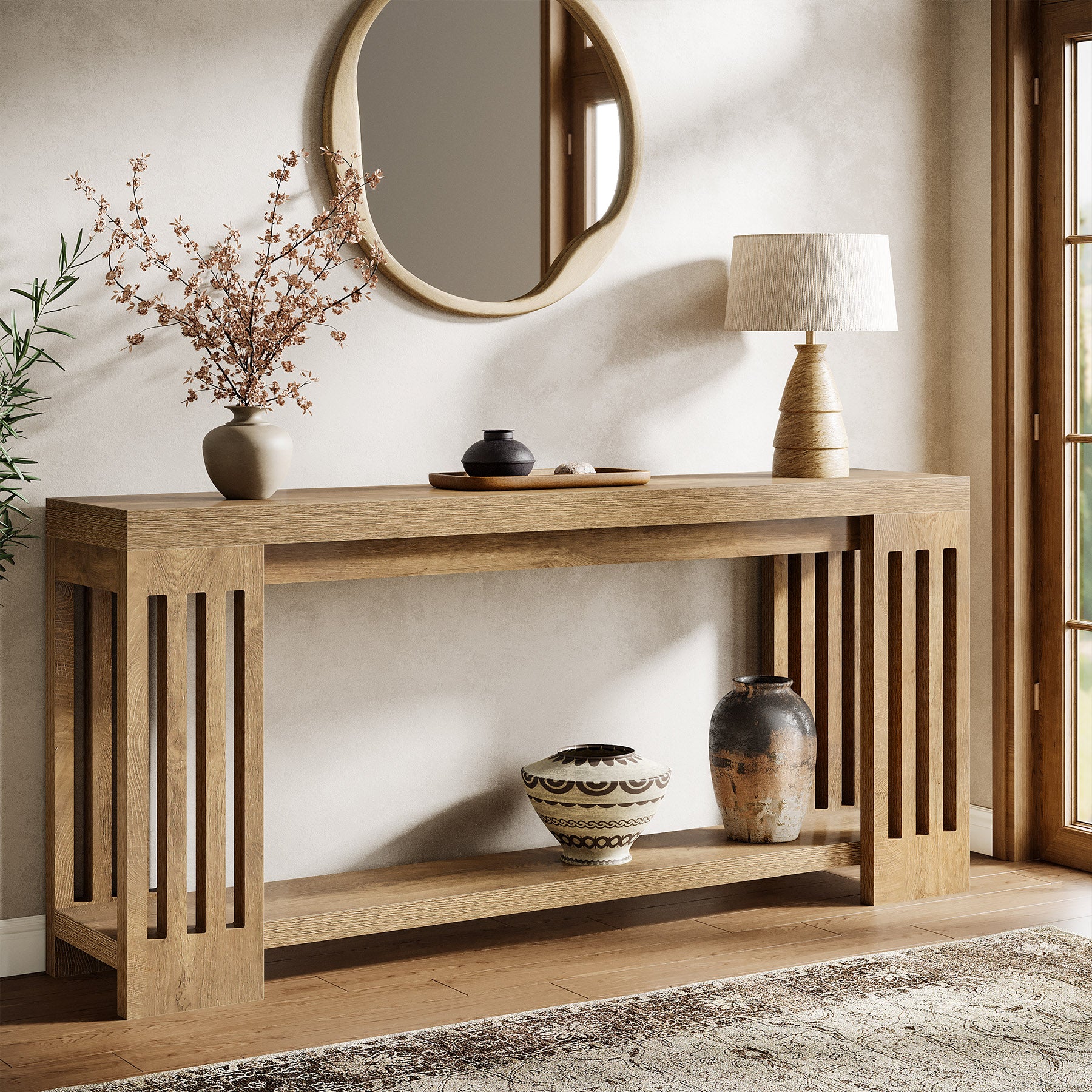 Tribesigns 70.9-Inch Farmhouse Console Table with Vertical Stripe Legs, 2-Tier Sofa Table for Living Room