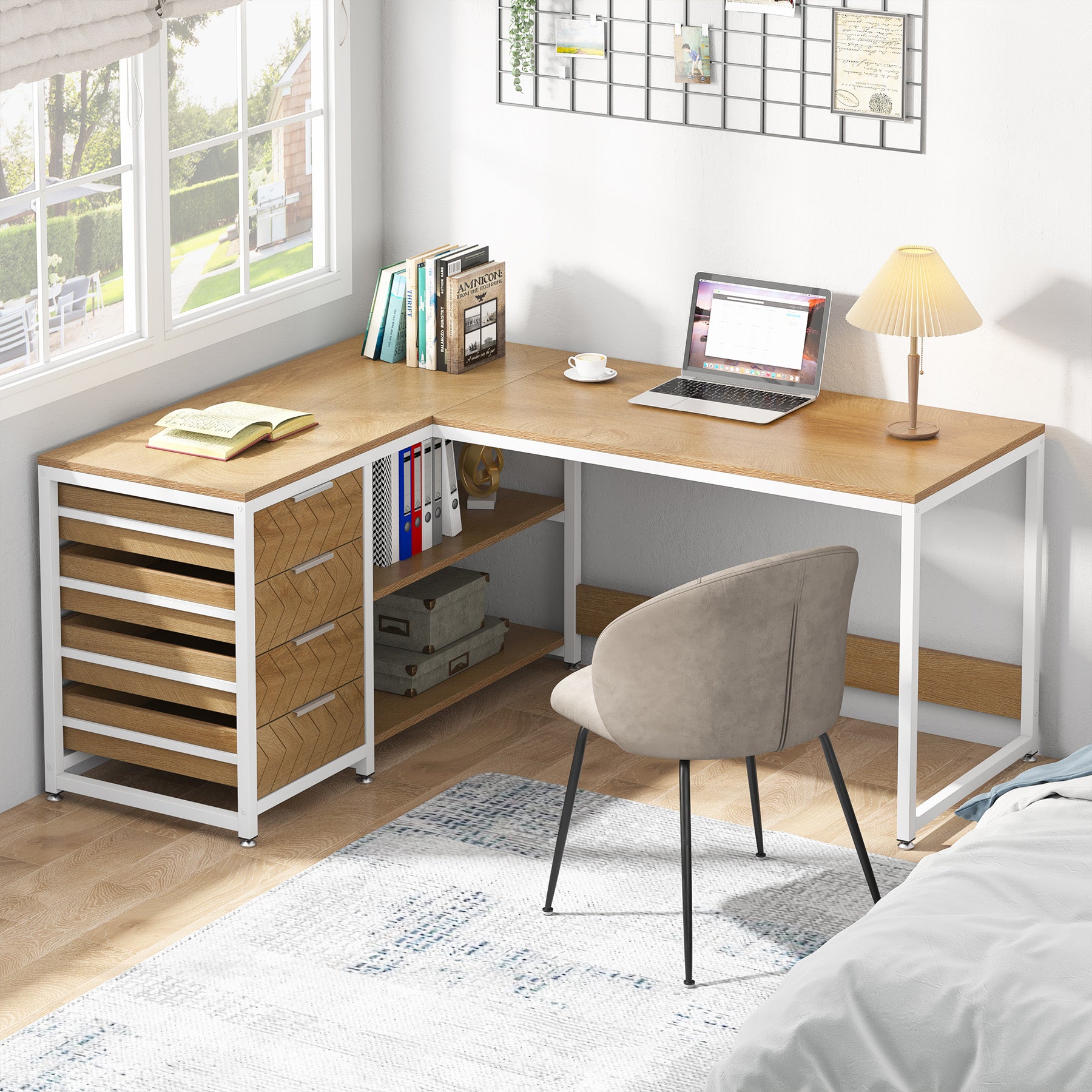 59" L-Shaped Desk, Reversible Corner Computer Desk with Drawers and Shelves