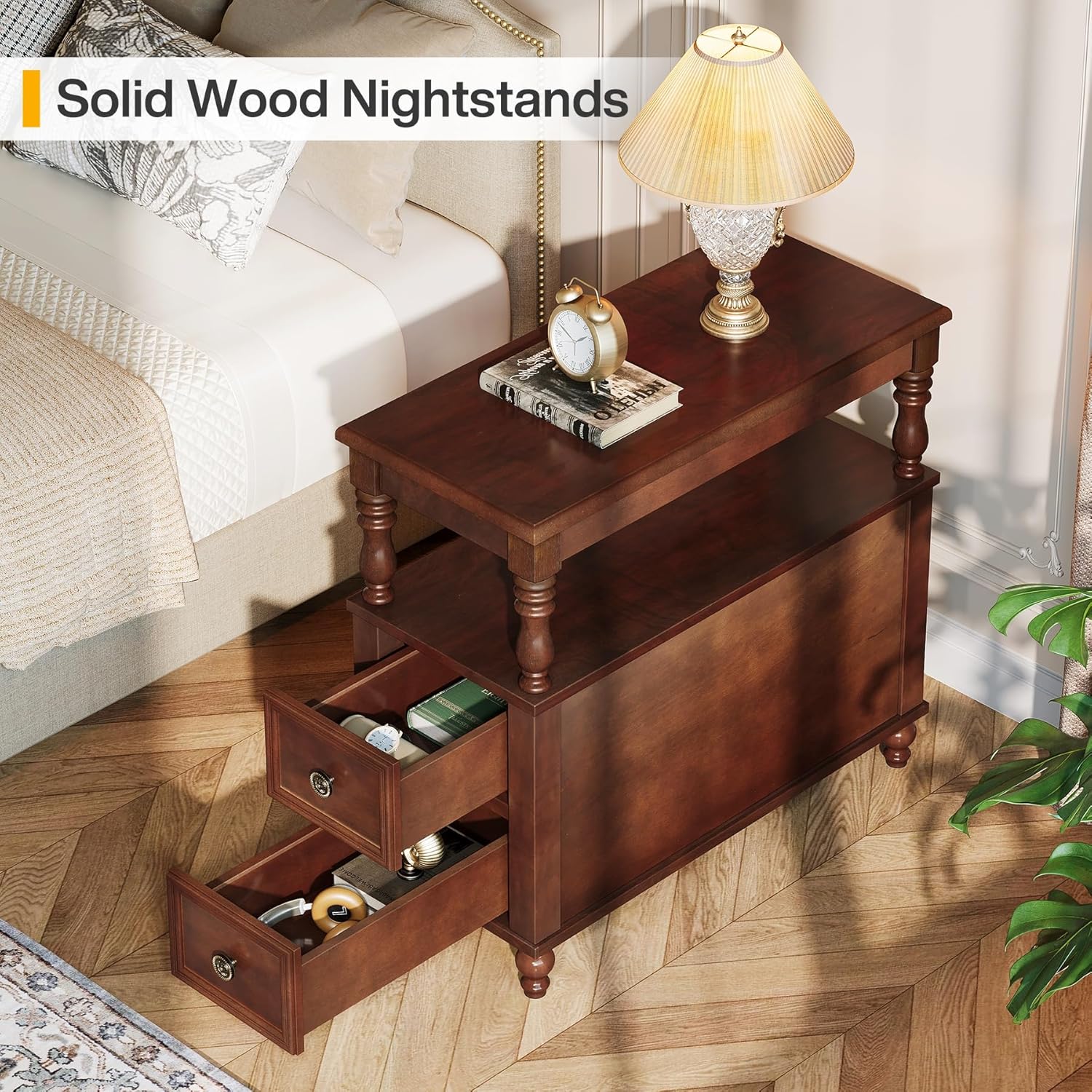 MidCentury 2-Drawer Nightstand - Solid Wood Bedside Table with Open Shelf, Dark Cherry