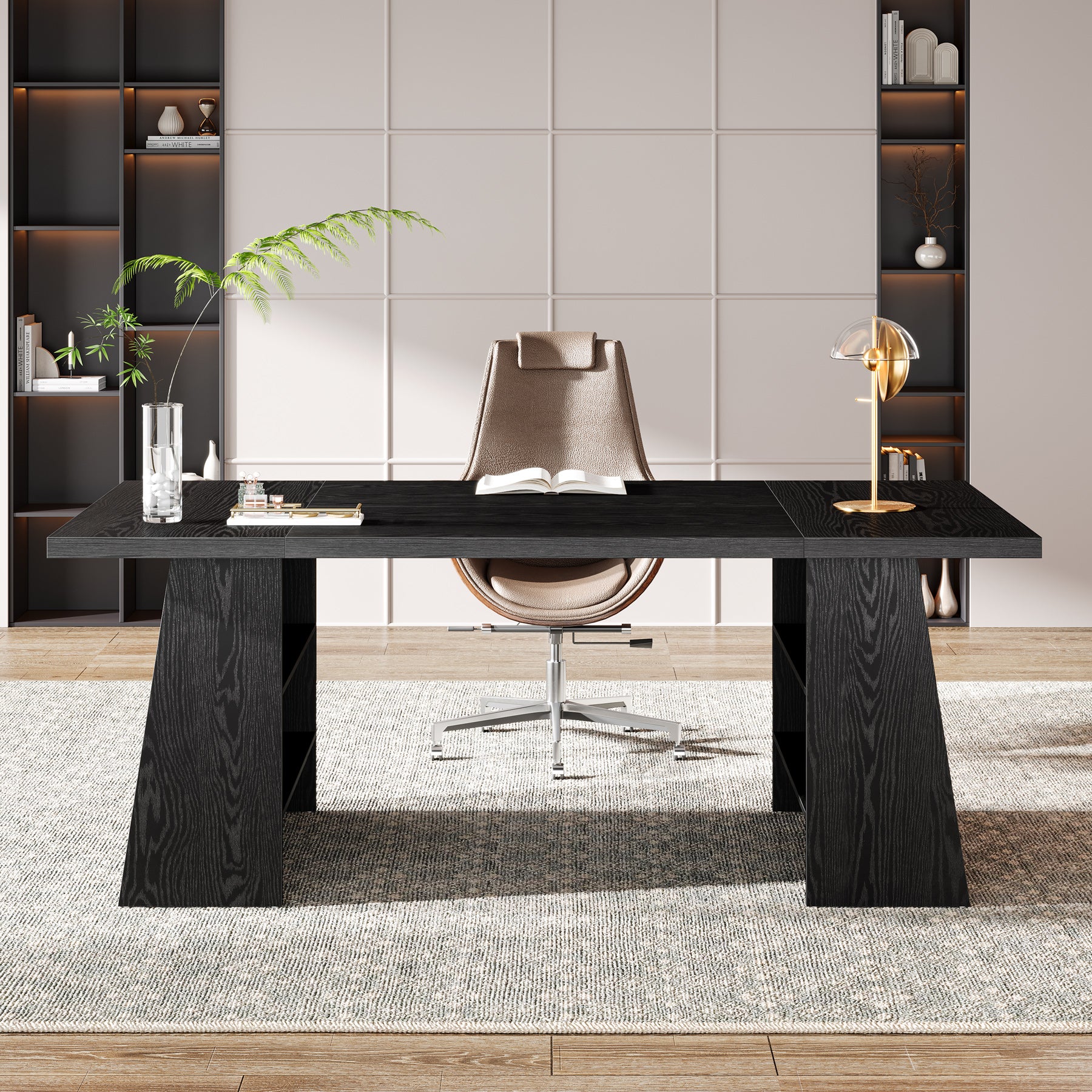 Tribesigns 63-Inch Modern Executive Desk with Storage Shelves, Black Office Desk for Home Office and Business Workstation