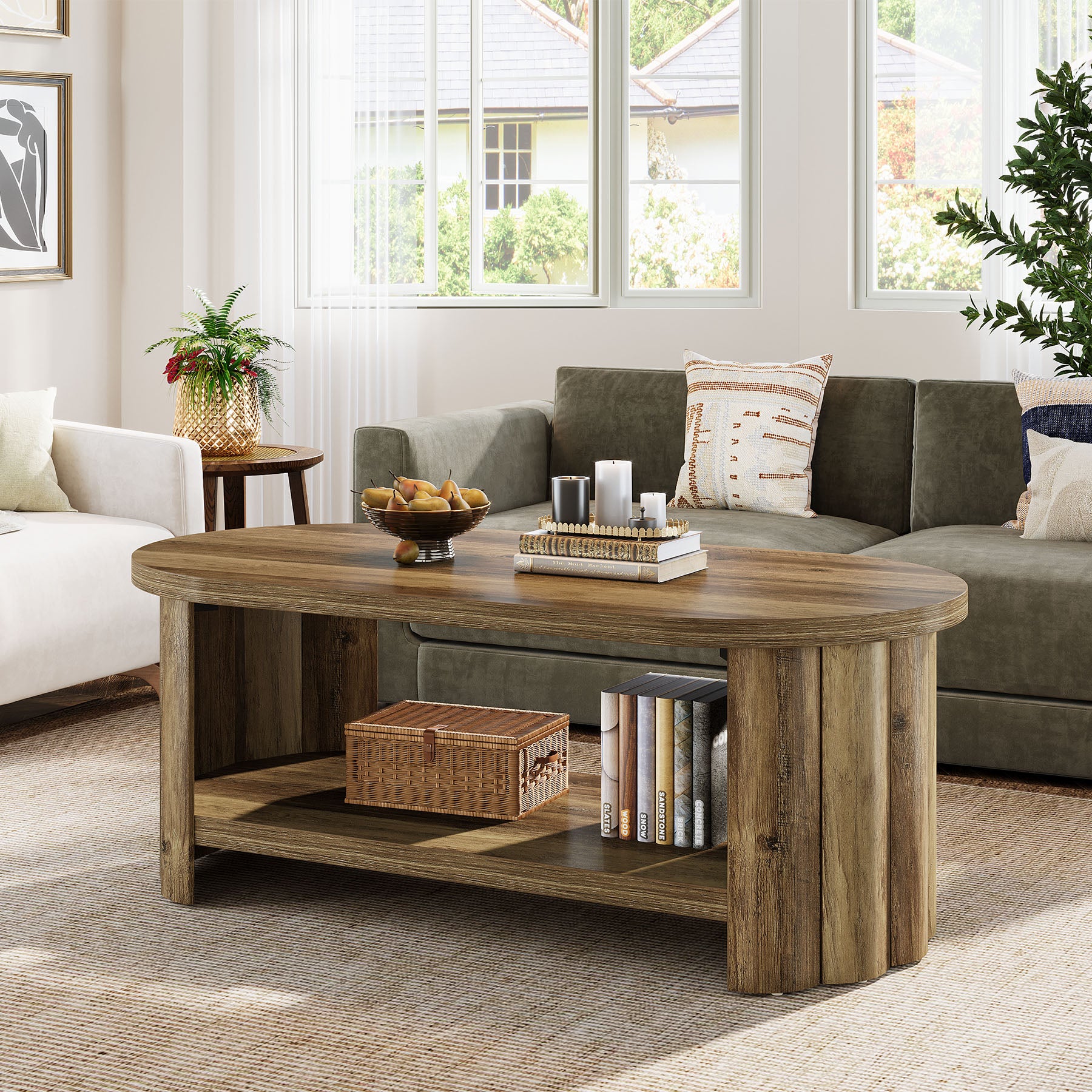 47.24-Inch Oval Coffee Table with 2-Tier Storage Shelf and Dual Base, Farmhouse Accent Center Table