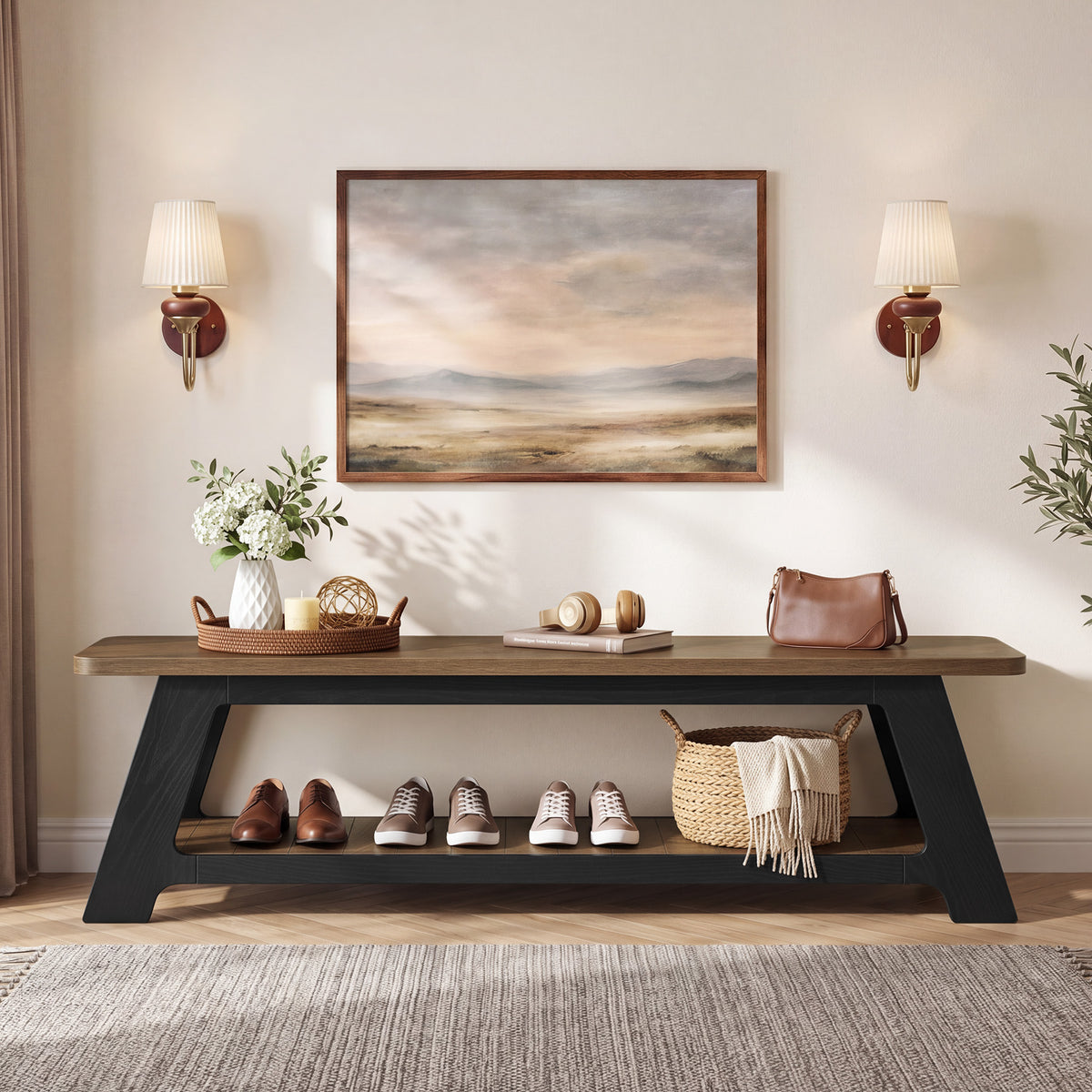 63 Inch Long Entryway Bench with Shoe Storage Shelf, Farmhouse Wooden Bench for Hallway