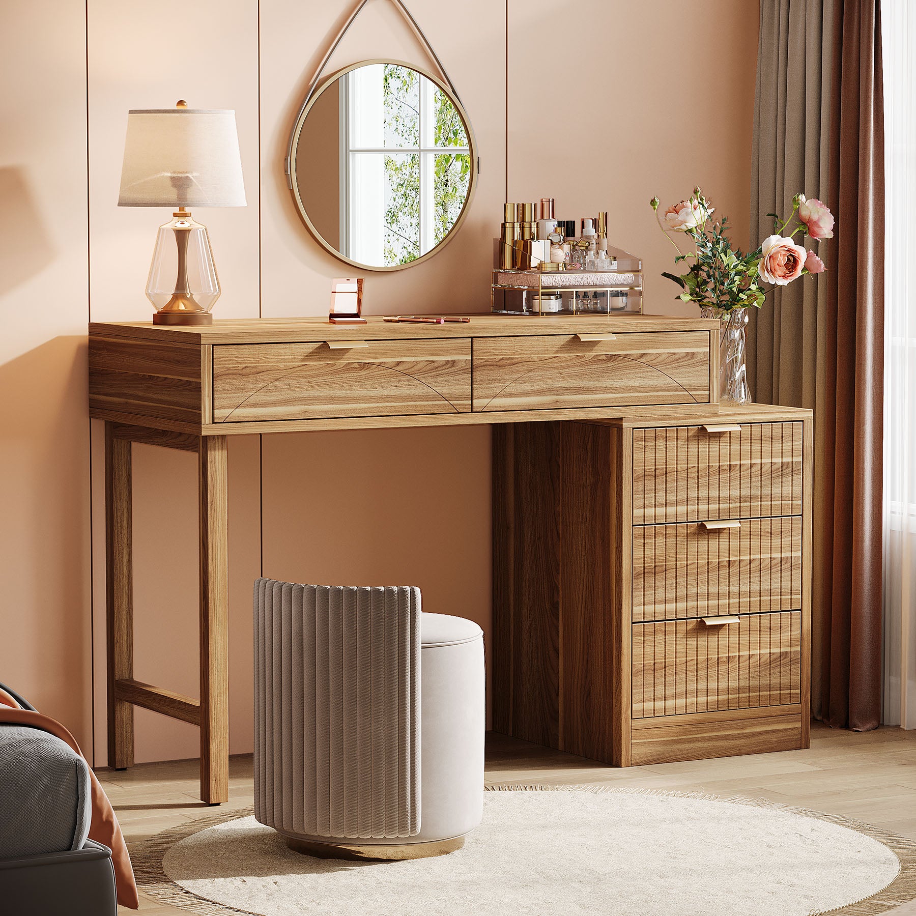 Makeup Vanity Desk with 5 Drawers, Reversible Dressing Table for Bedroom and Narrow Spaces (without mirror)