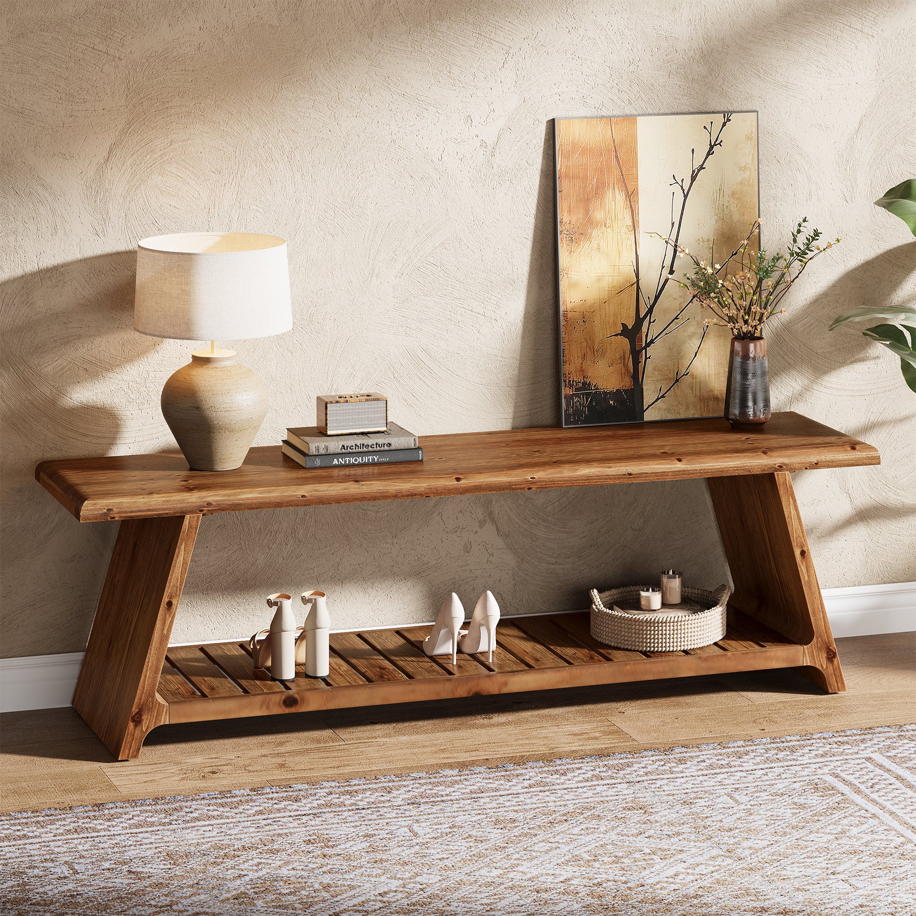 Tribesigns 63-Inch Solid Wood Entryway Bench with Lower Shoe Storage Shelf, Farmhouse End of Bed Bench for Hallway
