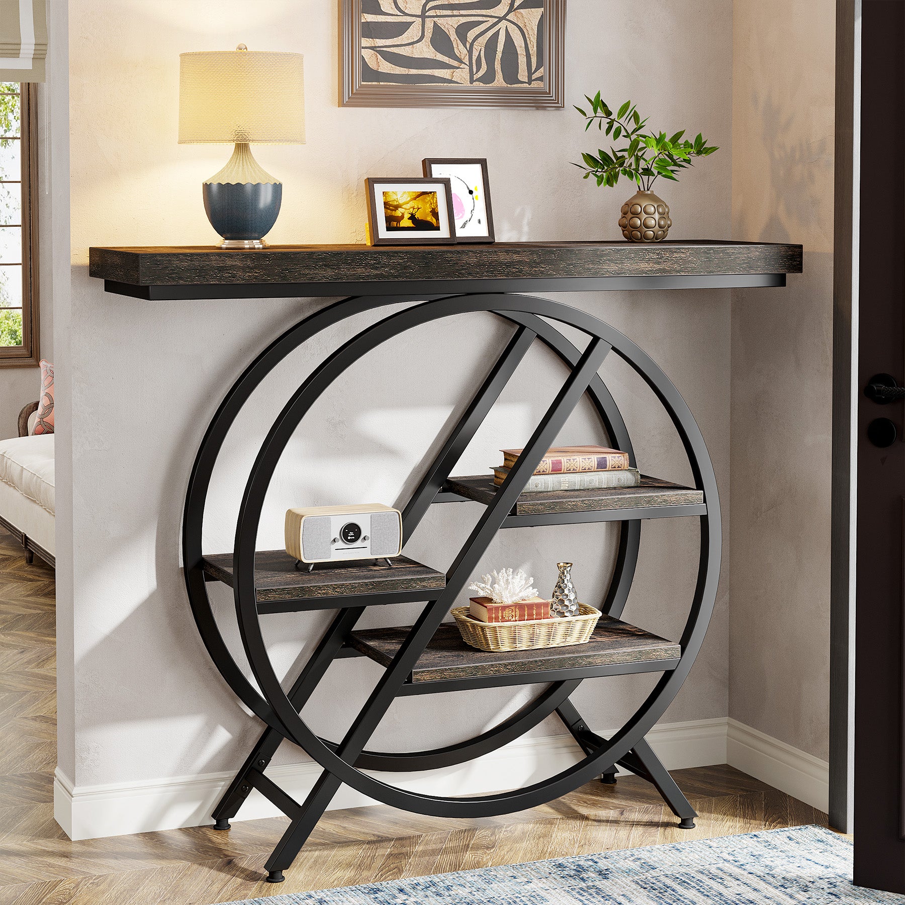 4-Tier Console Table, 39.4" Entryway Table with Geometric Metal Frame