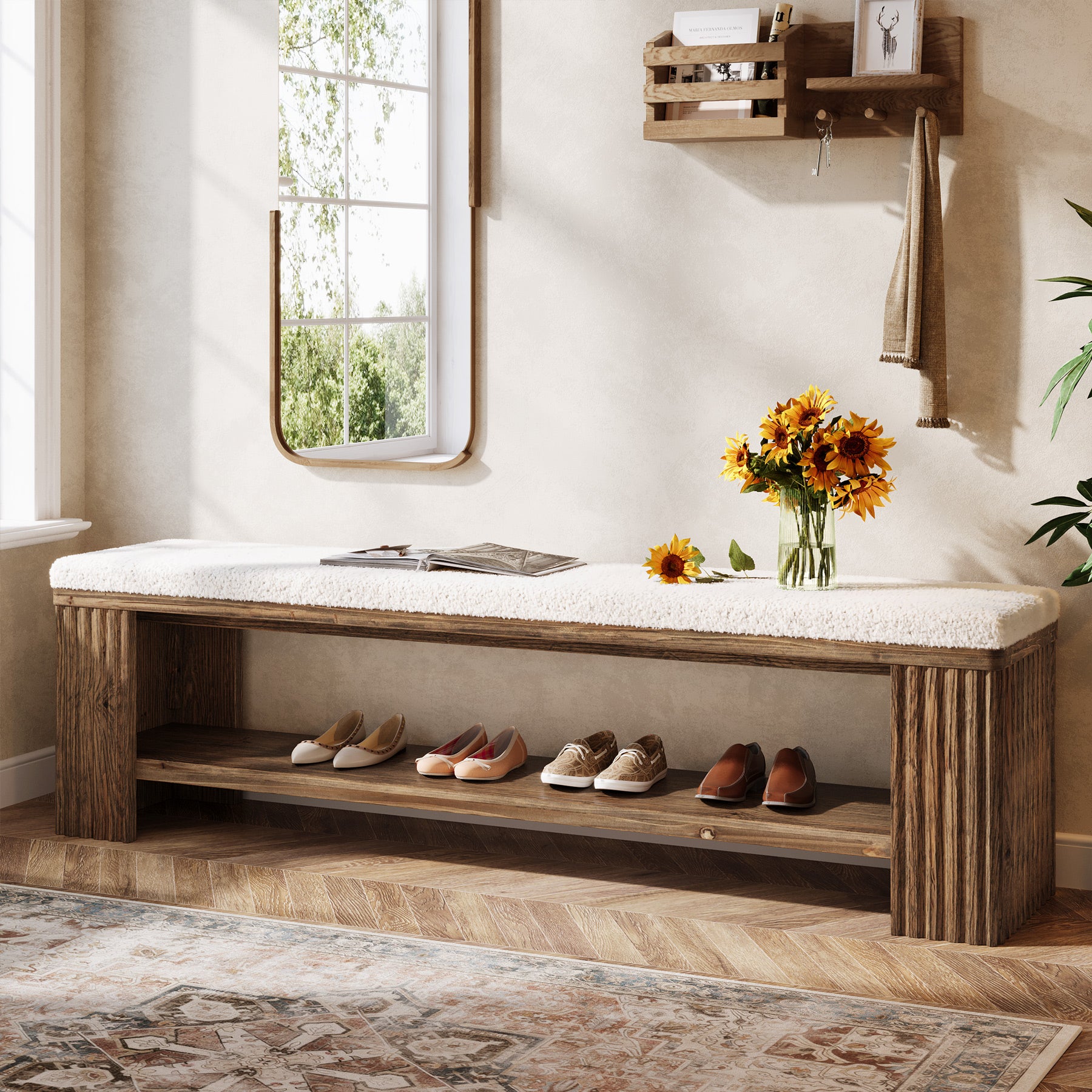 Tribesigns 63 Inch Solid Wood Bench with Removable Faux Lambswool Cushion, Farmhouse End of Bed Seat