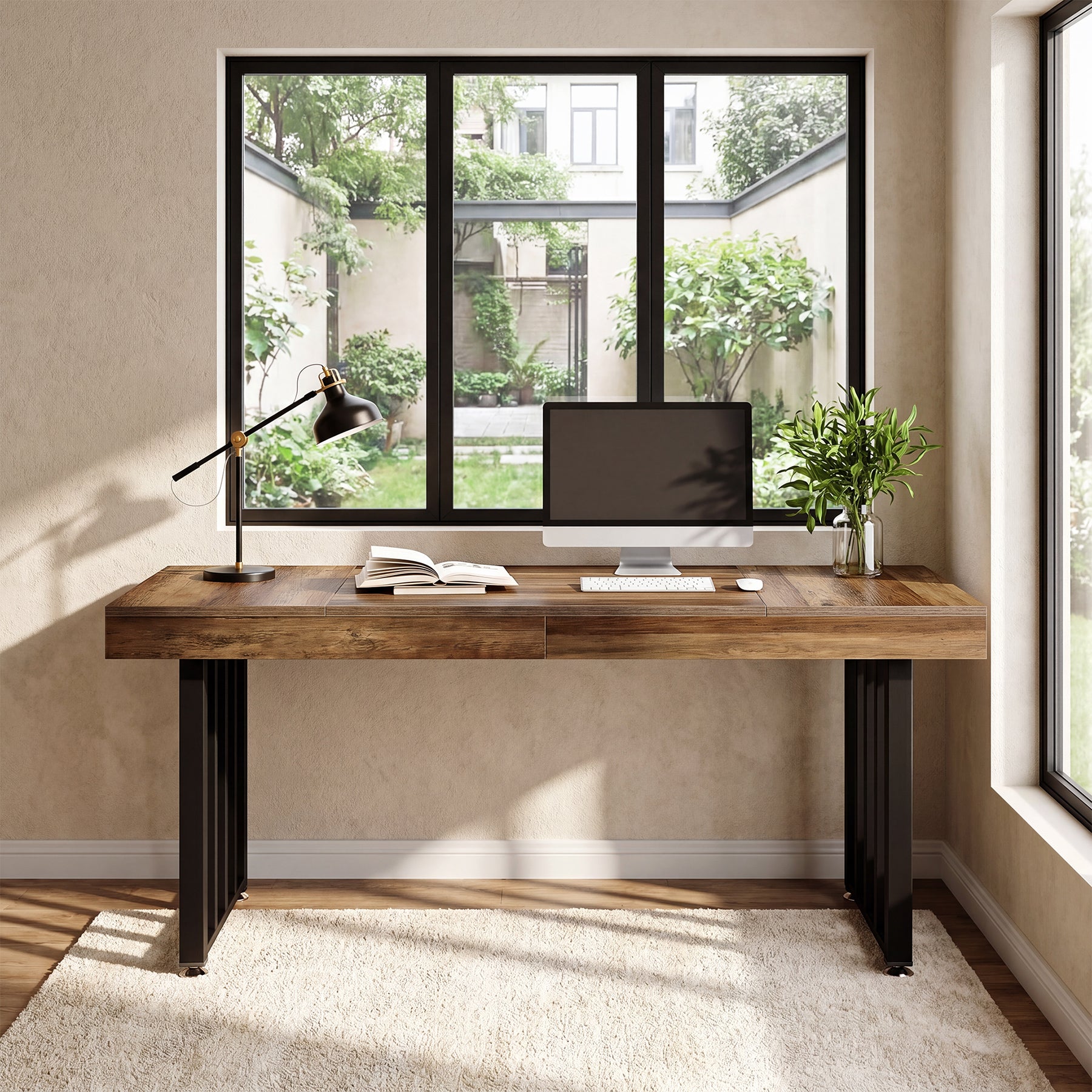 55 Inch Computer Desk with Reinforced Metal Frame, Modern Writing Table for Home Office