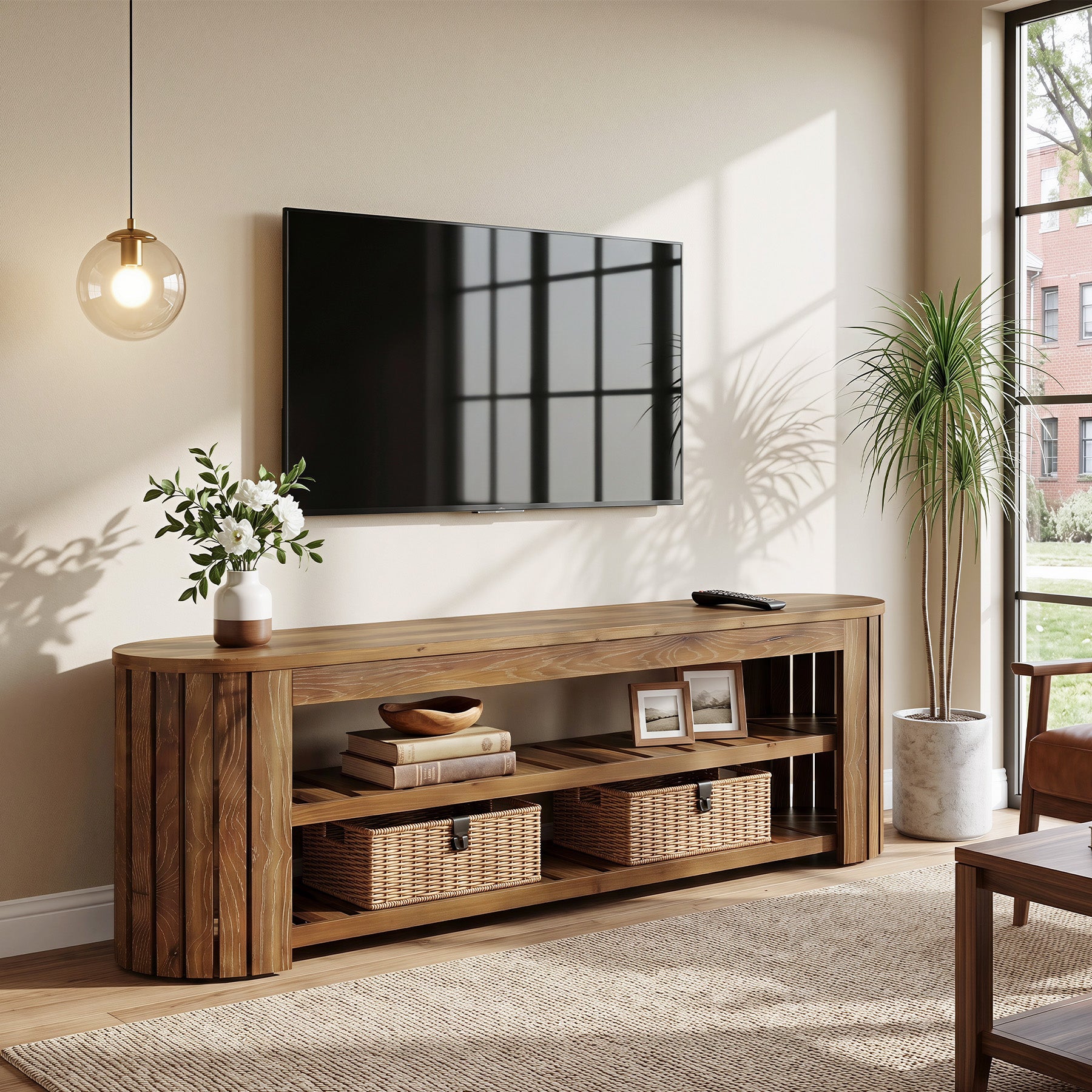63 Inch Solid Fir Wood TV Stand with Rounded Top, Farmhouse Media Console with Shelves